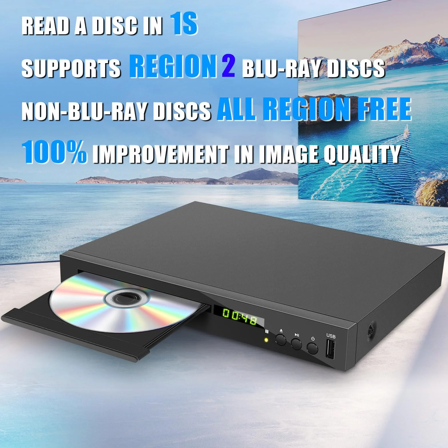 Lettore DVD Blu-ray per TV, Lettore Blu-Ray HD Compatibile con Dischi Blu-Ray Regione 2, Lettore DVD 1080P per Tutte le Regioni per TV Intelligente, con Ingresso USB/Uscita Coassiale AV HDMI