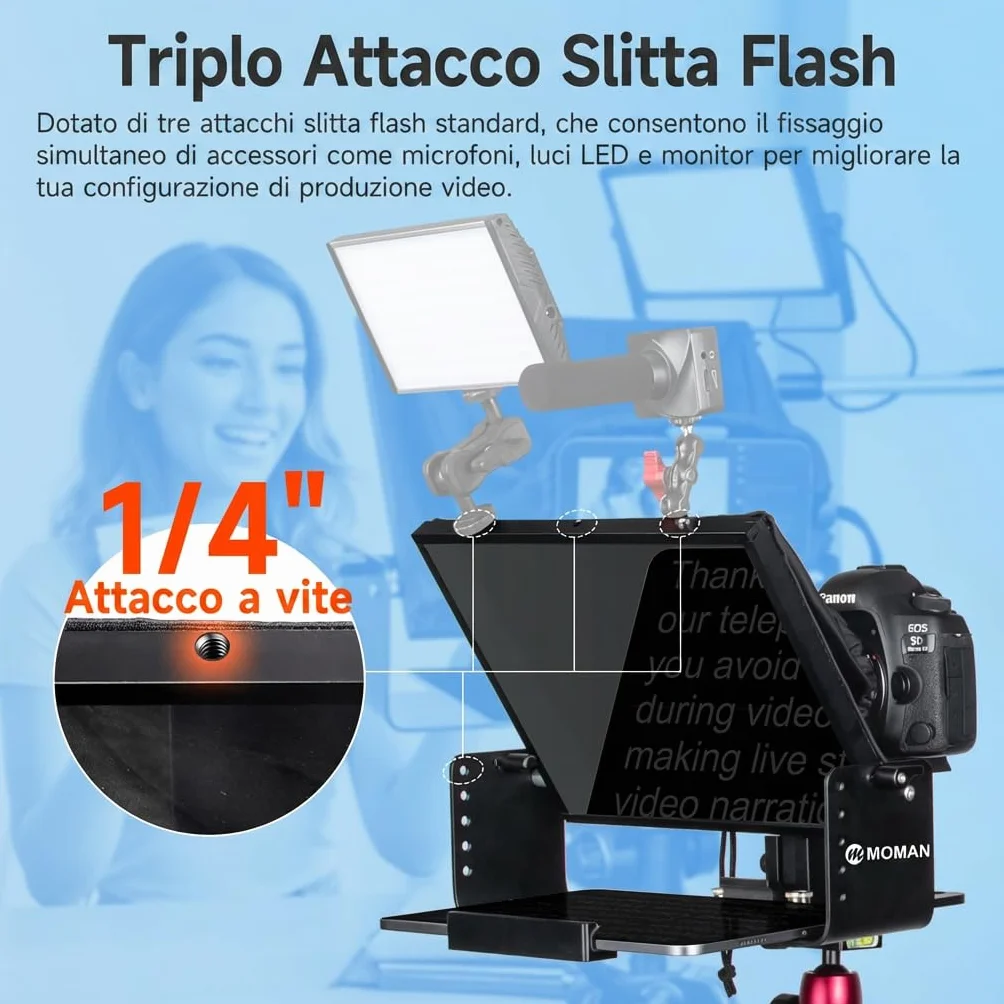 Moman MT12 Teleprompter 12.9 Pollici, Prompter Portatile con Telecomando APP e Controllo Remoto, Compatibile con iPad, iPhone, Tablet, Smartphone, Fotocamera DSLR (Supporto Metallico Regolabile)