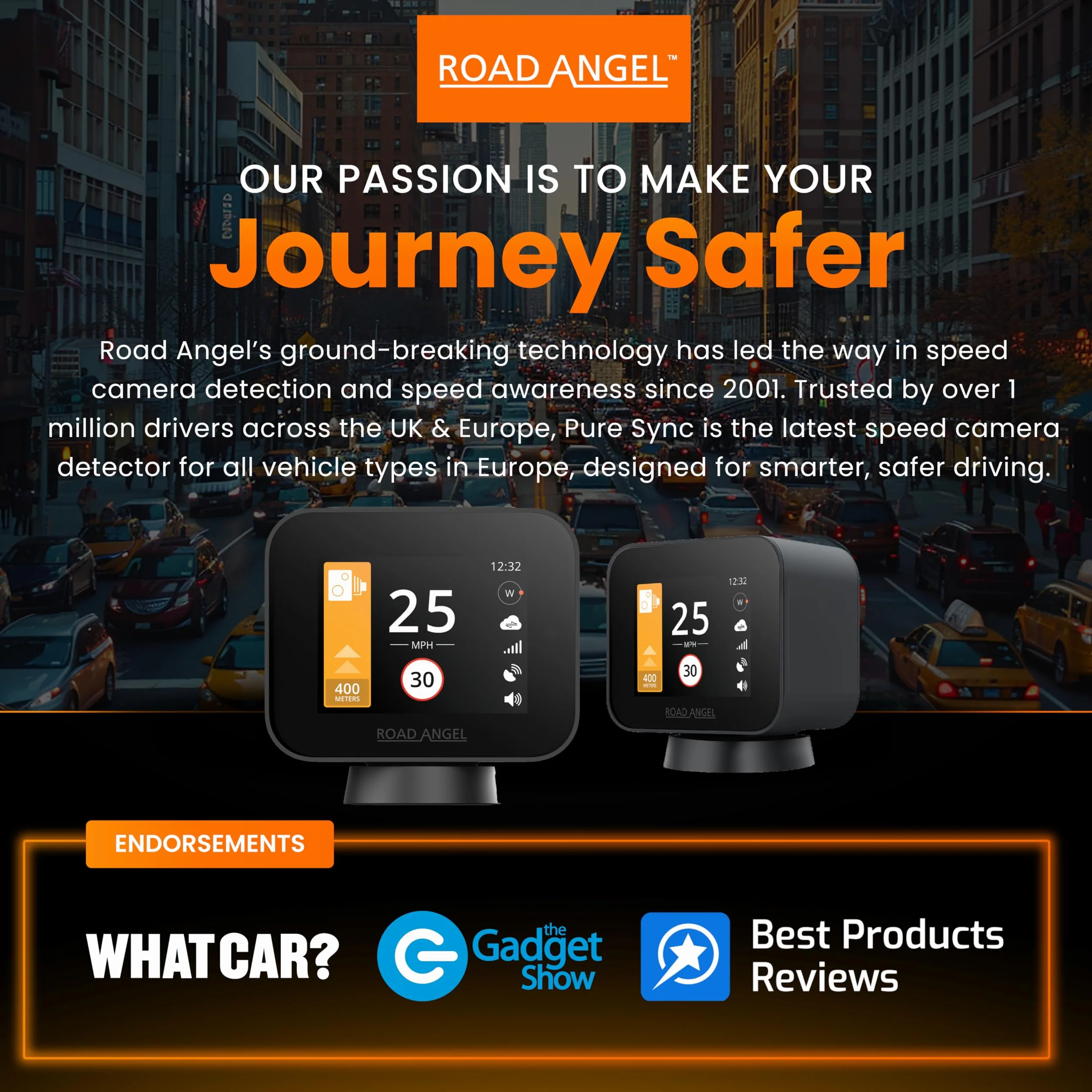 Road Angel Pure Sync Rivelatori di autovelox per auto UK - Rivelatore di autovelox Road Angel - Abbonamento richiesto per l'uso