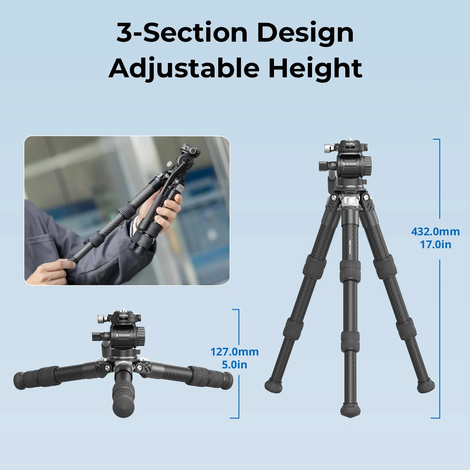 SMALLRIG Kit Treppiede da Tavolo Portatile in Fibra di Carbonio, Tavolo Compatto da 17'' con Testa Video ad alta Capacità di Carico, Carico Massimo 3 kg/6,6 libbre per Fotocamere, DSLR