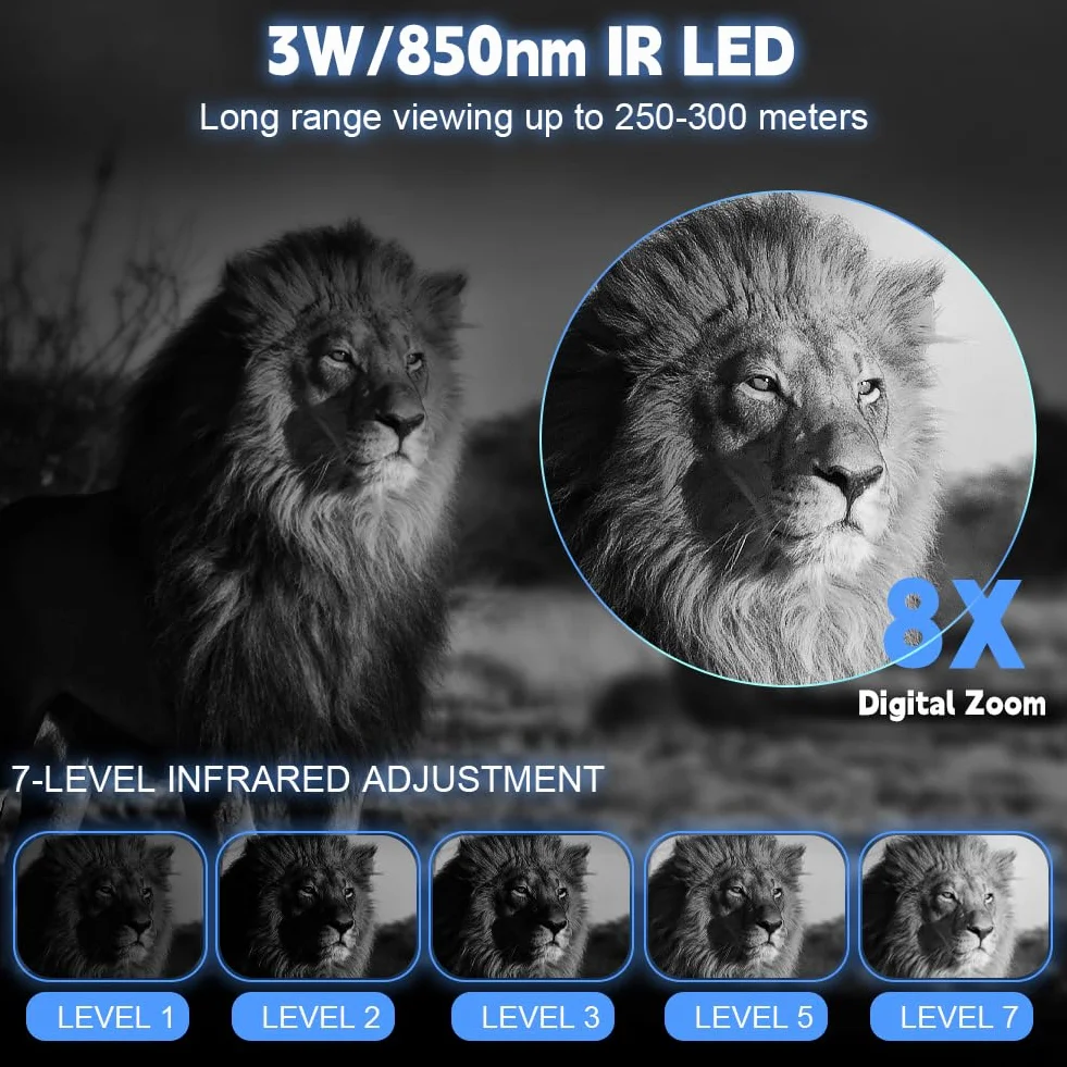 Vicloon 4K Binocolo Visione Notturna, Ricaricabile 5000mAh 8X Zoom Digitale, Visibile 300M, 3" HD Schermo, 7-Livelli Infrarossi, Militare Binocolo Notturno per la Caccia Campeggio, 32GB