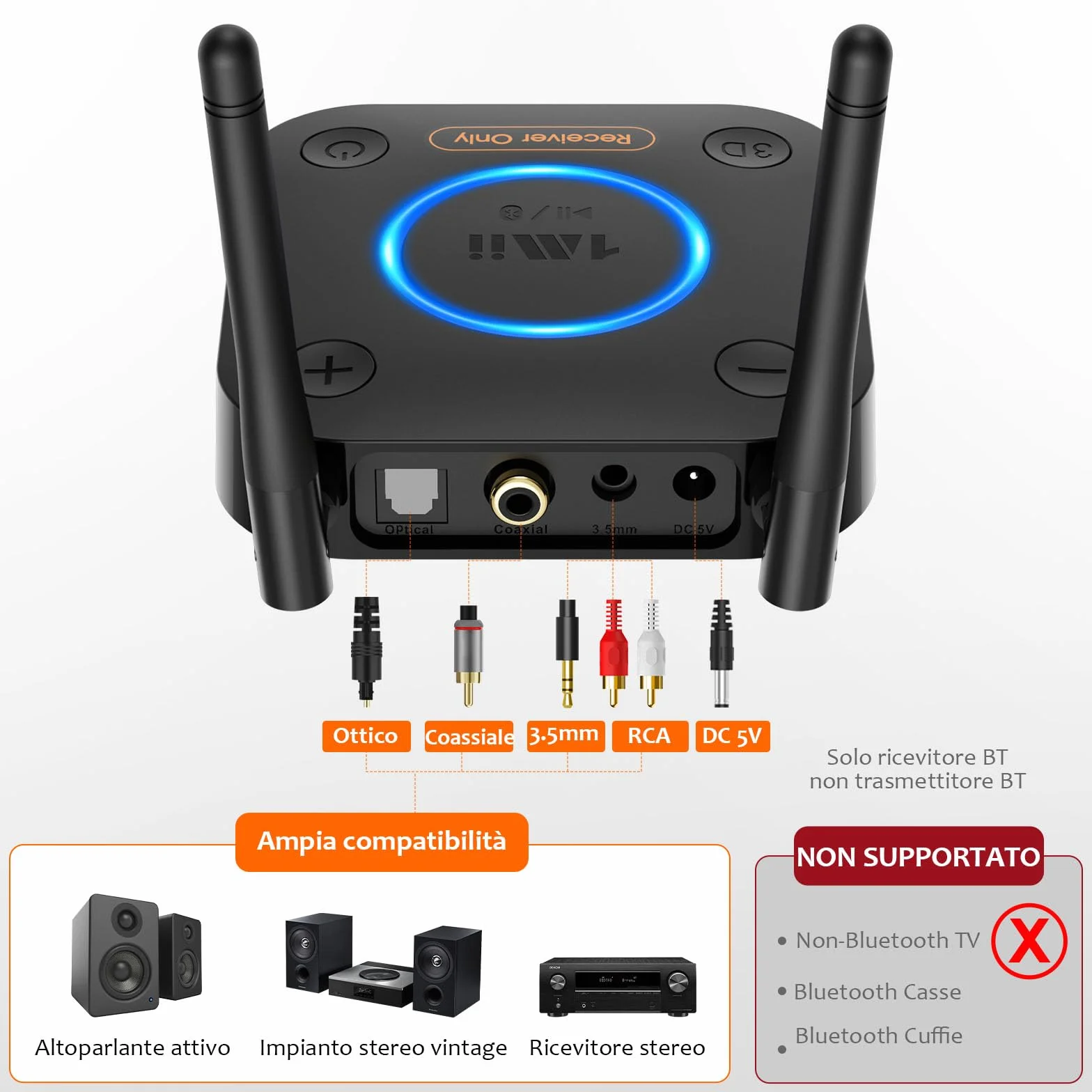 1Mii Ricevitore Bluetooth 5.3 HiFi, Adattatore Audio aptX Bassa Latenza Uscita Ottica Coassiale AUX RCA per Amplificatore