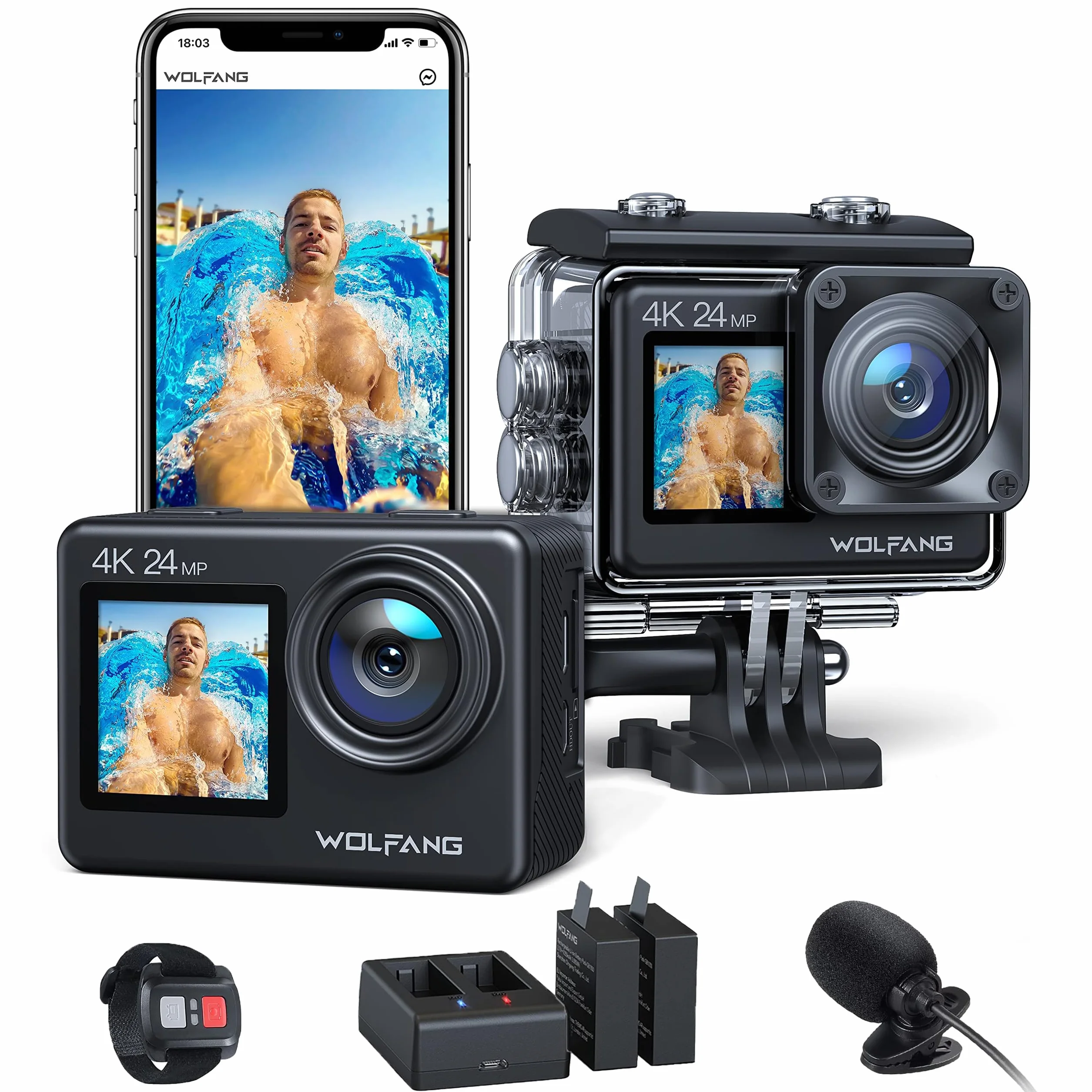 WOLFANG GA200 4K 24MP Dual Screen Wi-Fi Action Camera Sportiva, Fotocamera Subacquea 40M, Grandangolo 170°, Telecomando EIS Migliorato, 2 Batterie, Base di Ricarica, Multi-Accessori