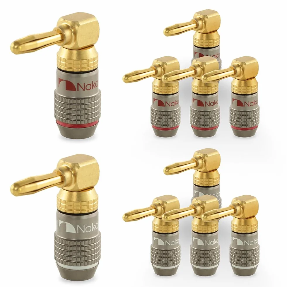 Nakamichi FanLock Excel Connettore a angolo retto banana placcato oro 24 carati 10 AWG - 18 AWG spessore 4 mm 10 pezzi