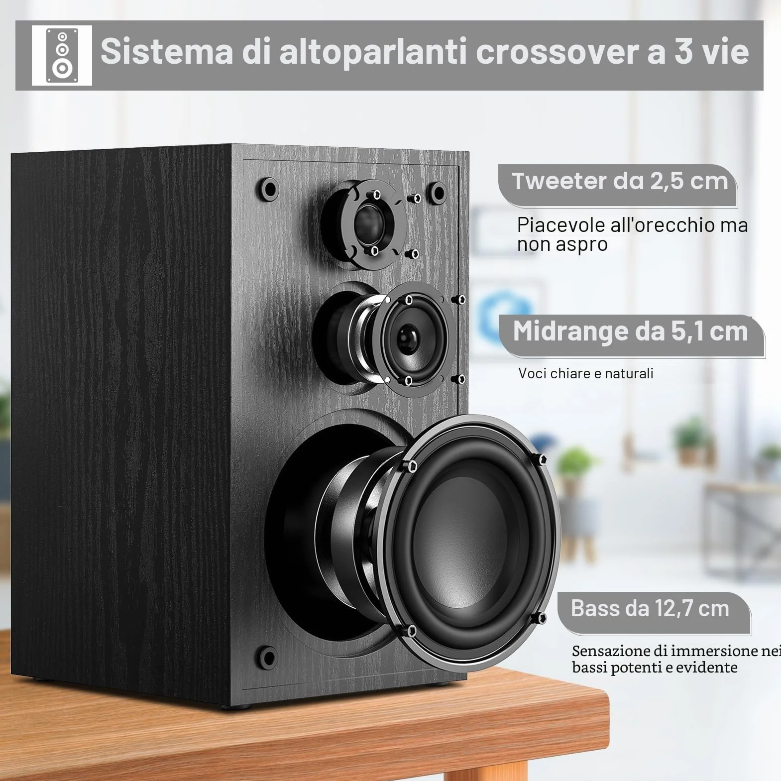 Passive Bookshelf Speakers, 3-Way 80W RMS / 240W Peak Power, 2.0 Stereo Home Theater Speakers with Deep Bass 48Hz, HiFi Audio for TV & PC Studio Use