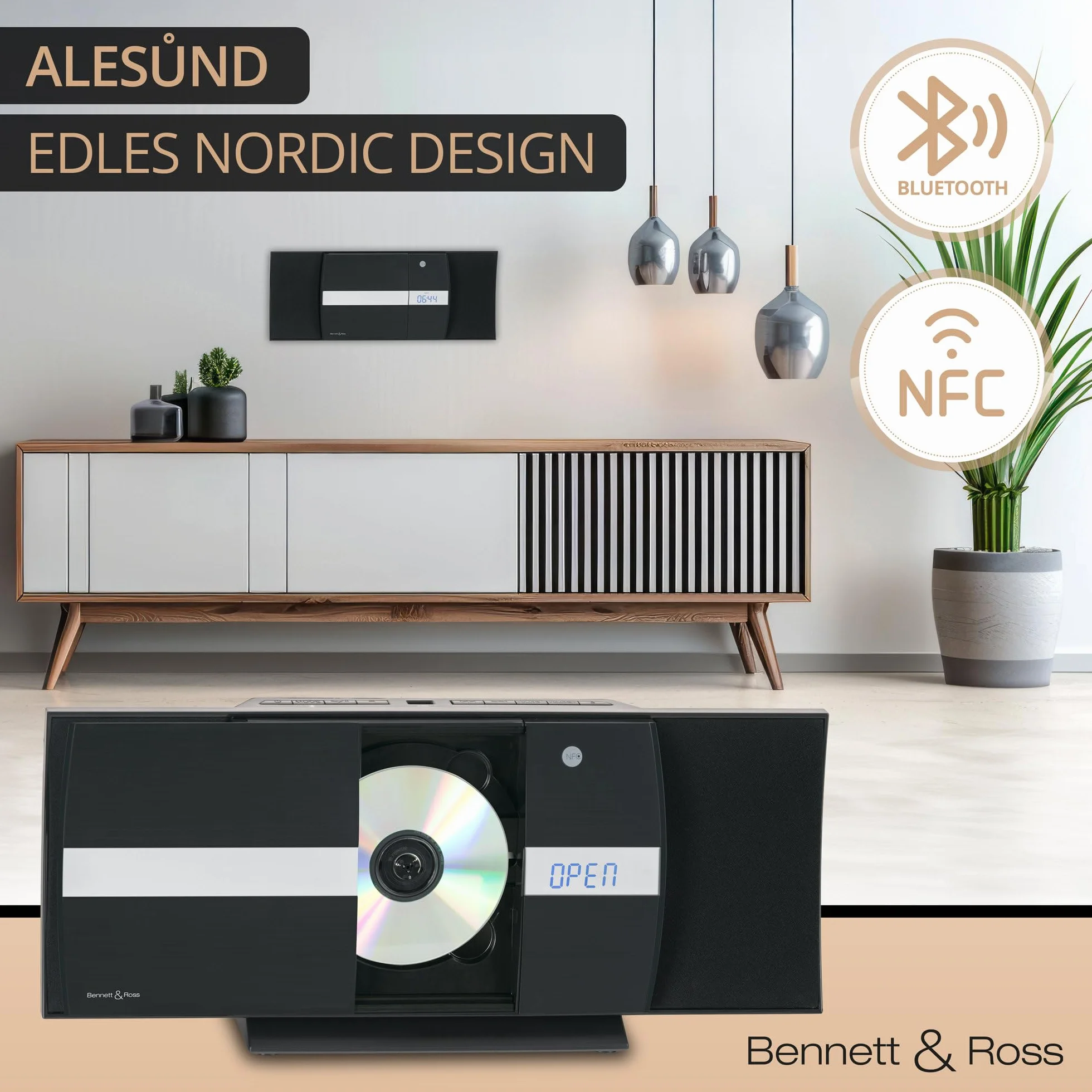 Bennett & Ross Ålesund Impianto stereo verticale - Microchaîne hi-fi avec lecteur CD, MP3, fonction UKW, USB et Bluetooth avec NFC - Installation sur pied ou murale - Telecomando incluso - Nero