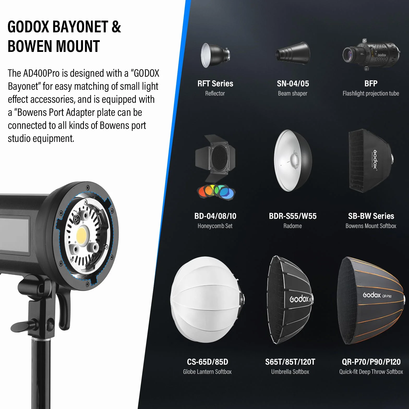Godox AD400Pro 400W GN72 TTL 1/8000s HSS 2.4G X Sistema All-in-One Flash Speedlite Strobe Light, funzionamento a batteria, 390 Full Power Pops, Tempo di riciclaggio 0,01-1s