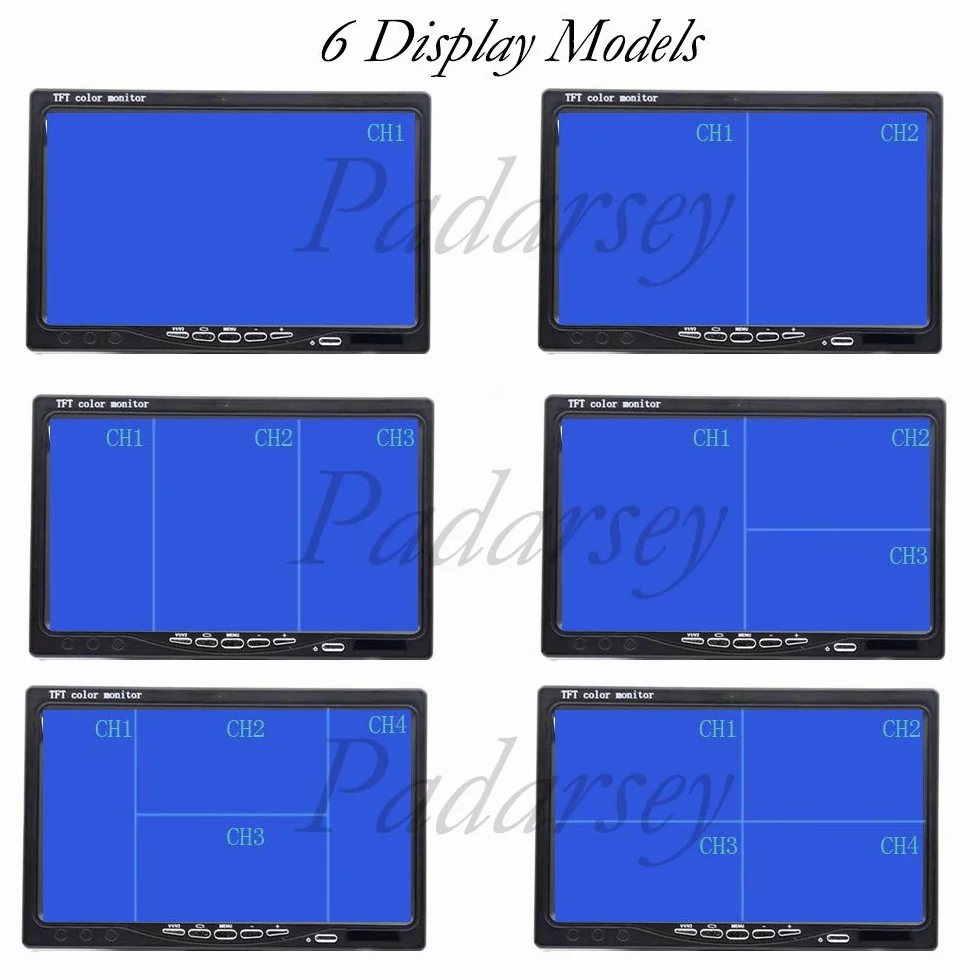 Padarsey Monitor TFT LCD da 7 pollici per specchietto retrovisore auto Quad Split, telecomando, 4 canali ingressi video RCA (connettore antiurto a 4 pin), schermo 12 V-24 V 800 × 480 HD, con parasole