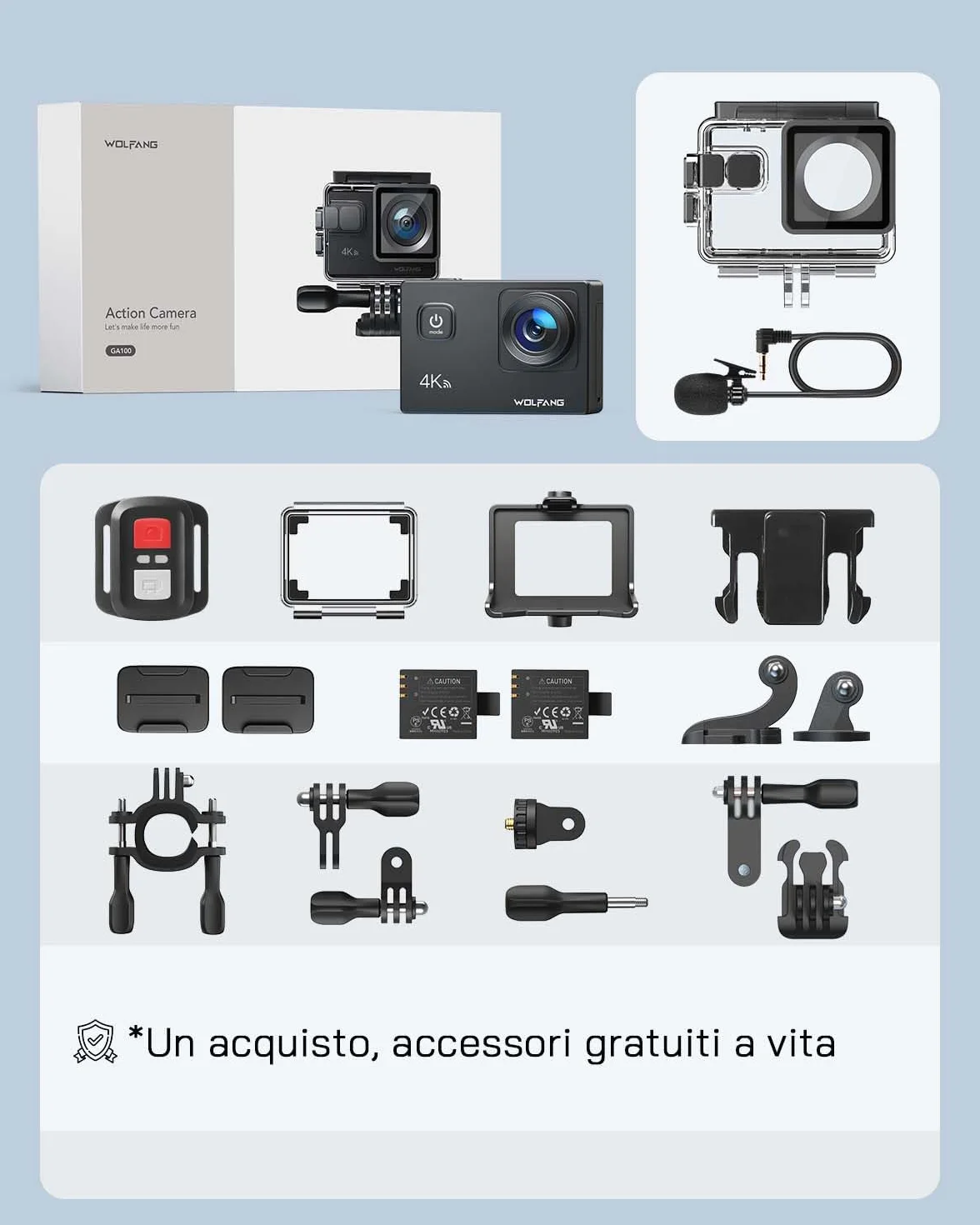 WOLFANG GA100 Action Cam 4K 30FPS 20MP 170° Grandangolo Impermeabile 40M con 32GB MicroSD EIS Telecomando 2.4G