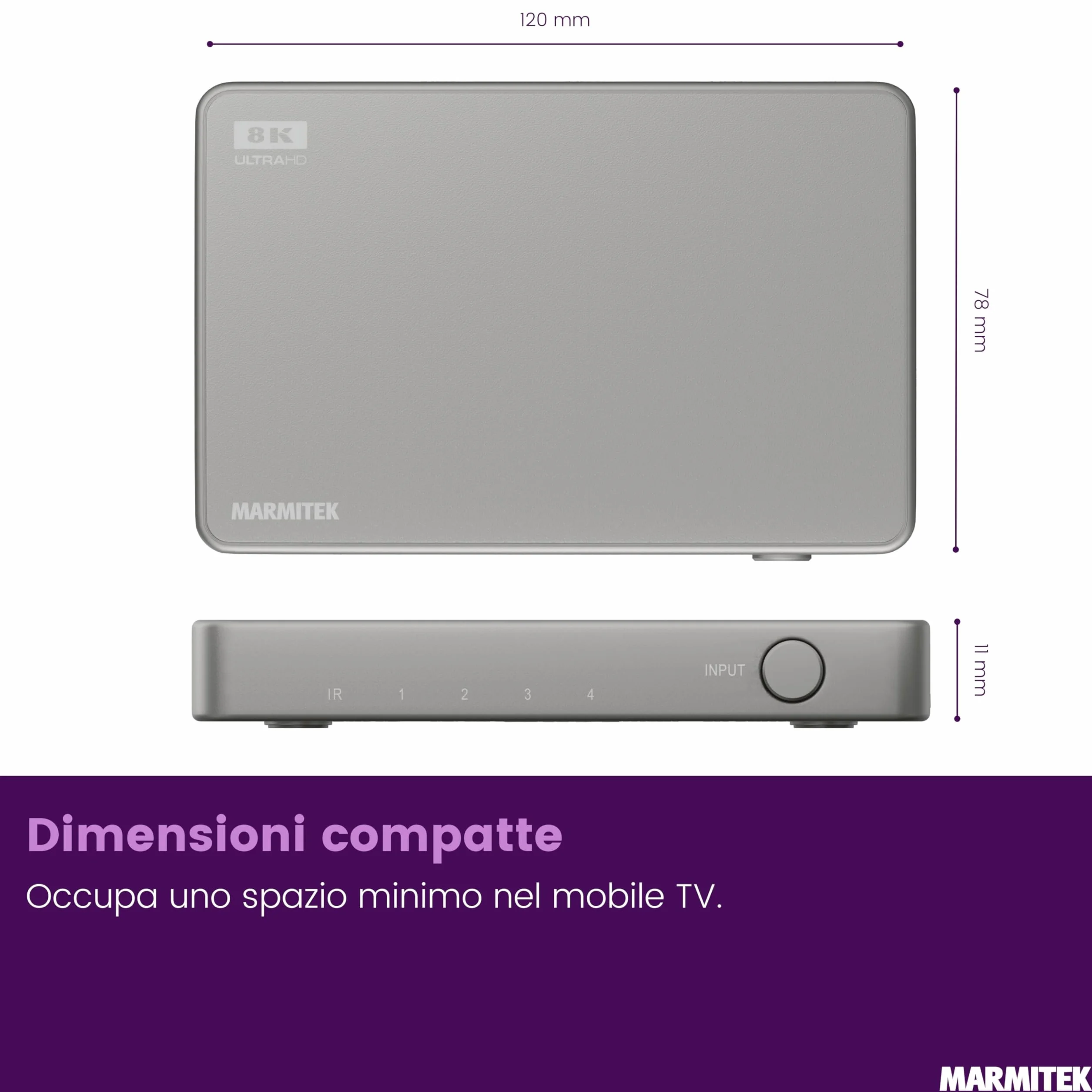 Switch HDMI 8K60 Marmitek Connect 740-4K120 gaming - HDMI 2.1 4 ingressi 1 uscita - 48 Gbit/s VRR ALLM QMS QFT - commutazione automatica - telecomando