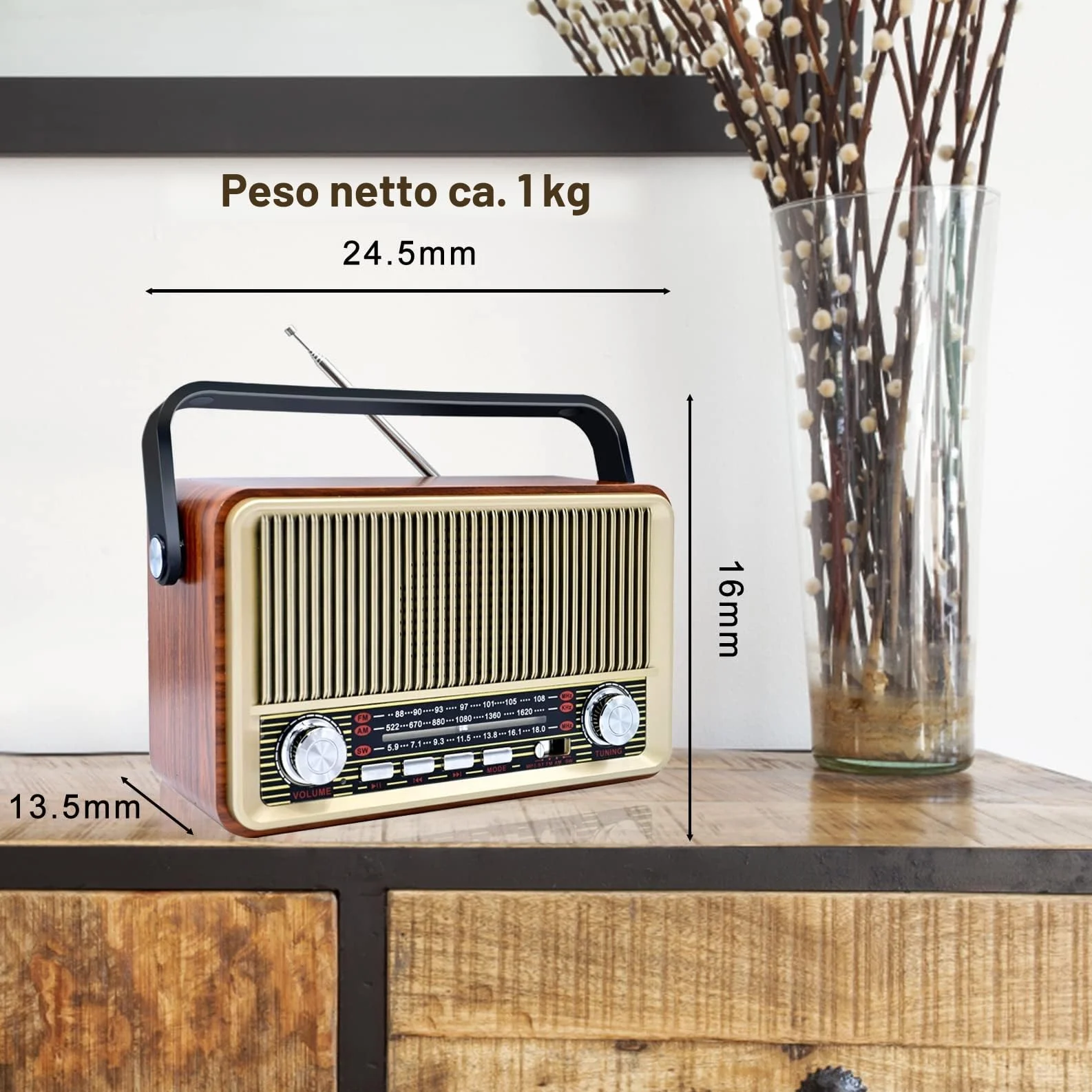 SENTASI Radio Portatile Bluetooth 5.0 Vintage Retro con Batteria 1200 mAh AM/SW/USB/TF
