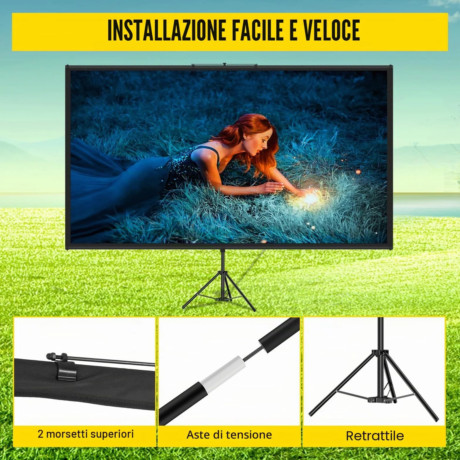 VEVOR Schermo Cinematografico per Esterni, 254cm, HD 16:9 Schermo del Proiettore Portatile con Supporto Treppiede in Alluminio, Grandangolo di 160 Gradi, per Casa, Cattedrale, Bianco