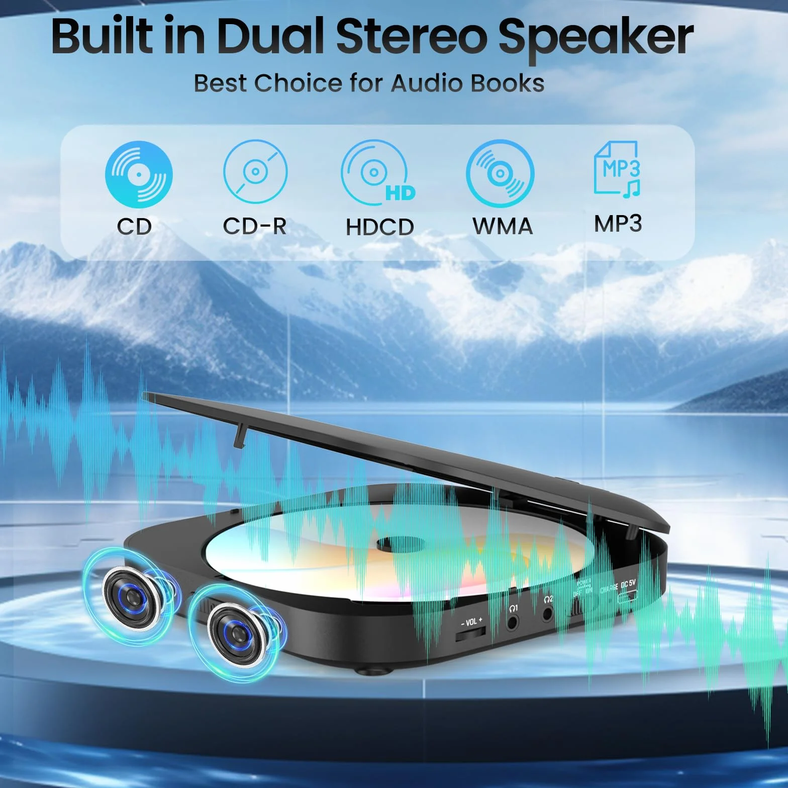 Lettore CD portatile con Bluetooth, NUOVO Lettore CD Discman ricaricabile per auto con FM, Due altoparlanti stereo, Anti-Skip, Due connettori per cuffie, Per regalo