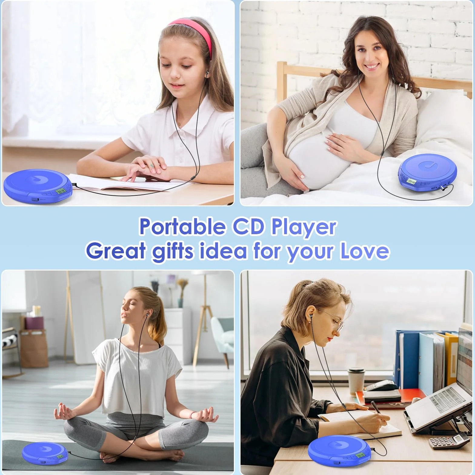 Gueray Lettore CD portatile Dsicman: con auricolari per auto con anti-skip antiurto con display LCD Supporto funzione di ripetizione memoria PROG (blu)