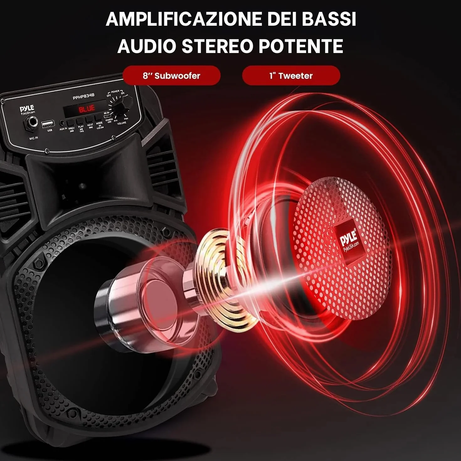 Pyle Speaker Bluetooth Portatile,Ricaricabile da 300W con Subwoofer da 20,32 cm e Tweeter da 2,54 cm, Ingresso Microfono, MP3/USB, Radio, Telecomando