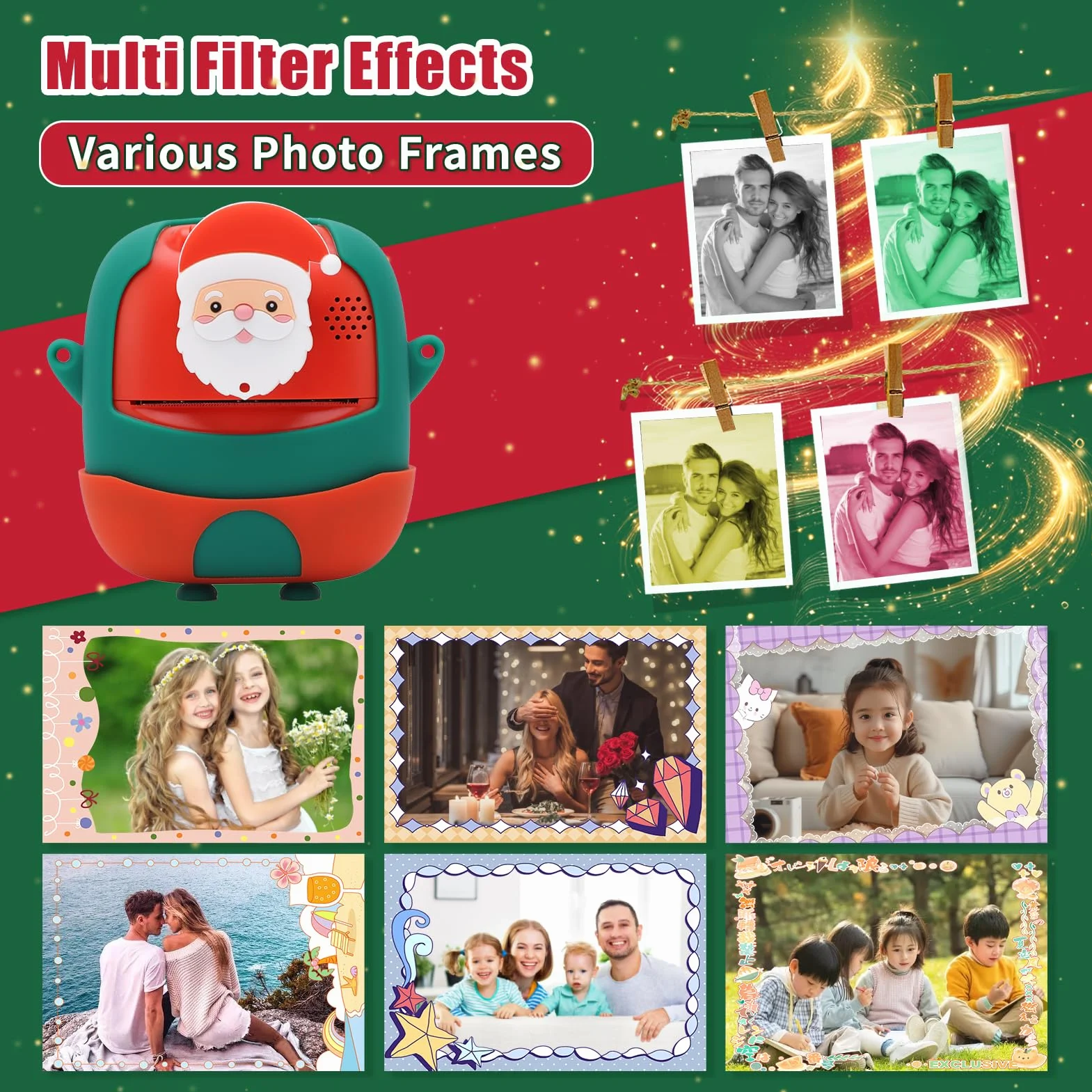 Macchina fotografica di stampa istantanea per i bambini, 24MP & 1080P bambini fotocamera digitale, Natale regalo di compleanno per la ragazza ragazzo età 3-12, stampa foto in bianco e nero (Natale)