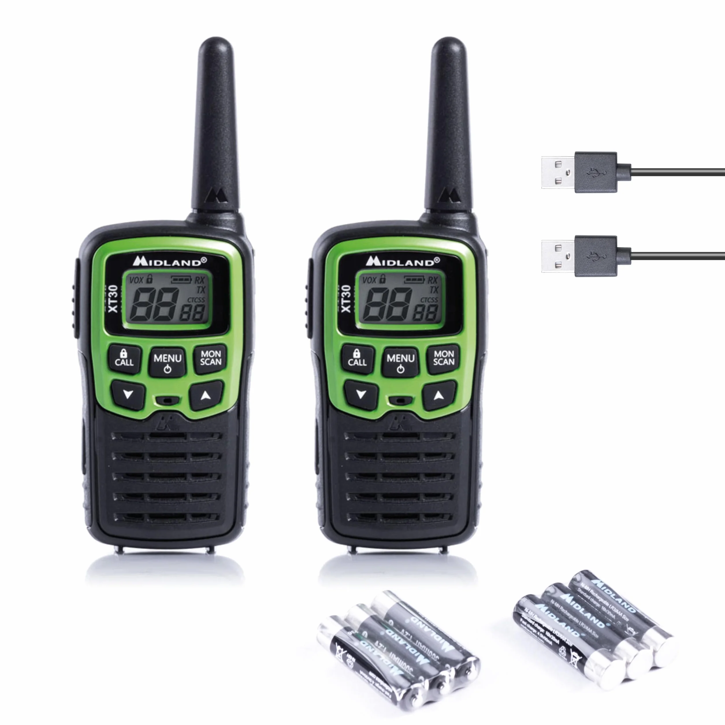 Midland XT30 Walkie Talkie Ricaricabili USB 16 Canali PMR446 5H 6km 38 Toni CTCSS VOX