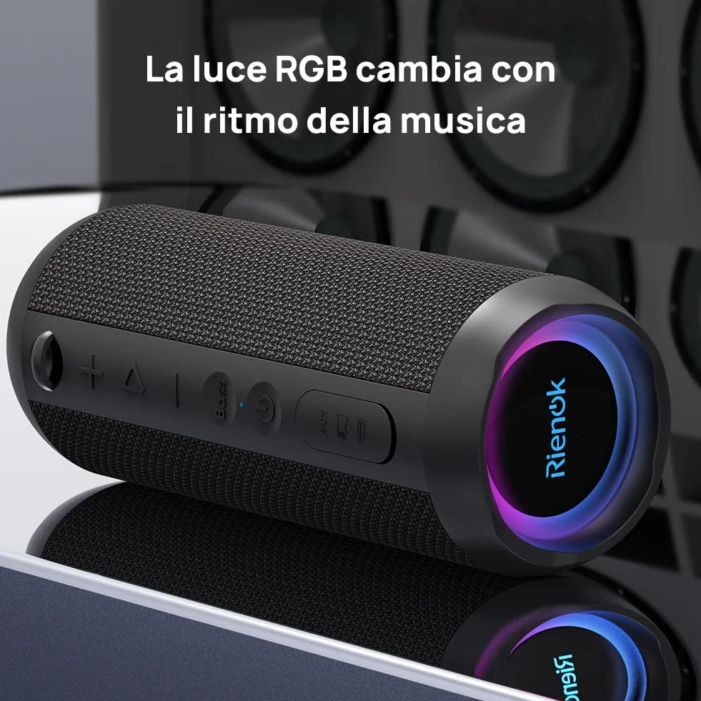 RIENOK Cassa Bluetooth Portatile Potente 30W IPX7 Impermeabile Altoparlante Bluetooth, Bassi Potenti, Luce LED, AUX & Micro SD