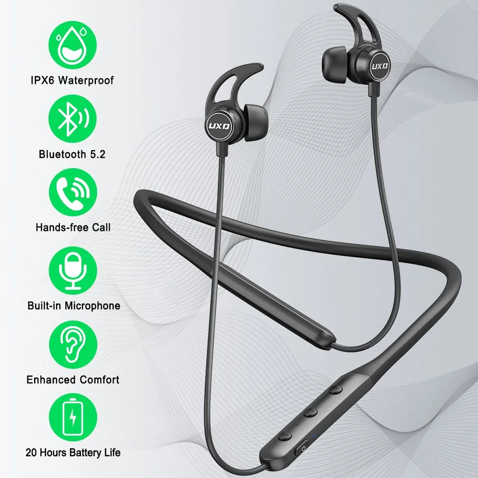Cuffie Bluetooth, Auricolare bluetooth con archetto da collo, Cuffie Wireless In-Ear con Microfon, Fino a 20h di Autonomia, per Corsa, Fitness