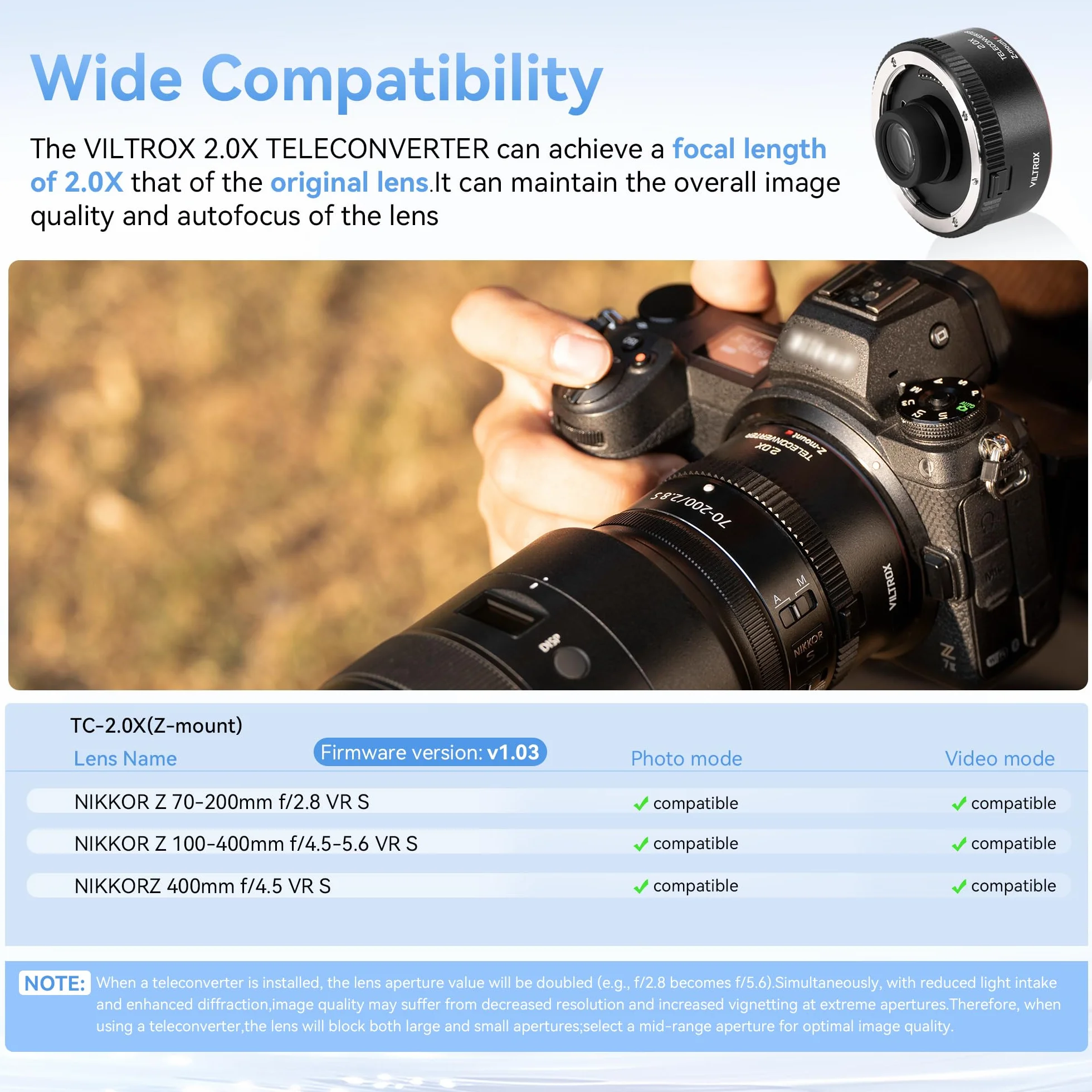 VILTROX Teleconverter TC-2.0X per Nikon Z Mount Teleobiettivo Extender Autofocus Lens Compatibile con NIKKOR Z 70-200mm f/2.8 VR S