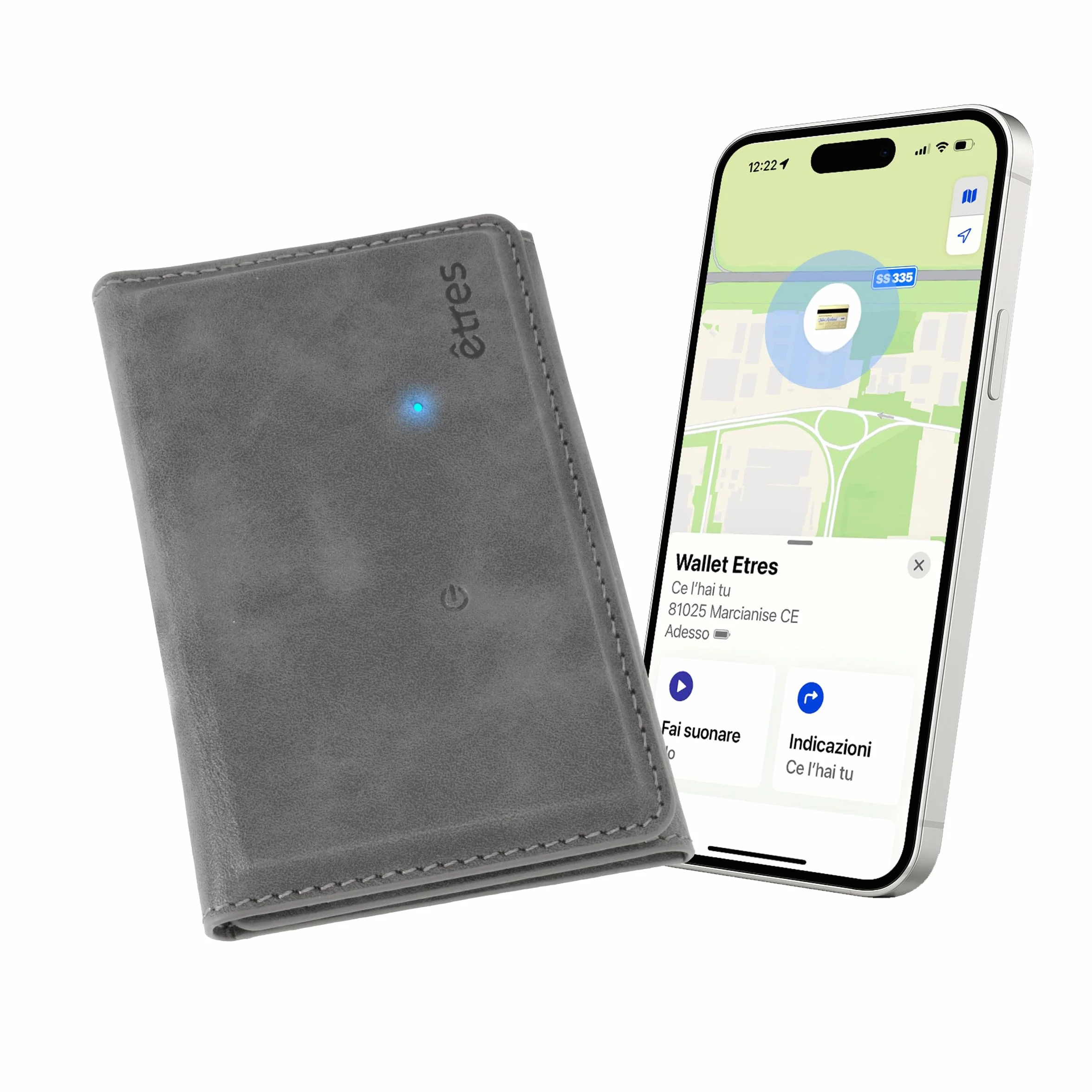 ETRES Portafoglio Magsafe Finder con Tracciamento GPS - Fino a 7 Carte + Tasca Banconote - Ricarica Wireless, Protezione RFID, Ultra Slim e Anello Magnetico Incluso - Solo per iPhone (GRIGIO)