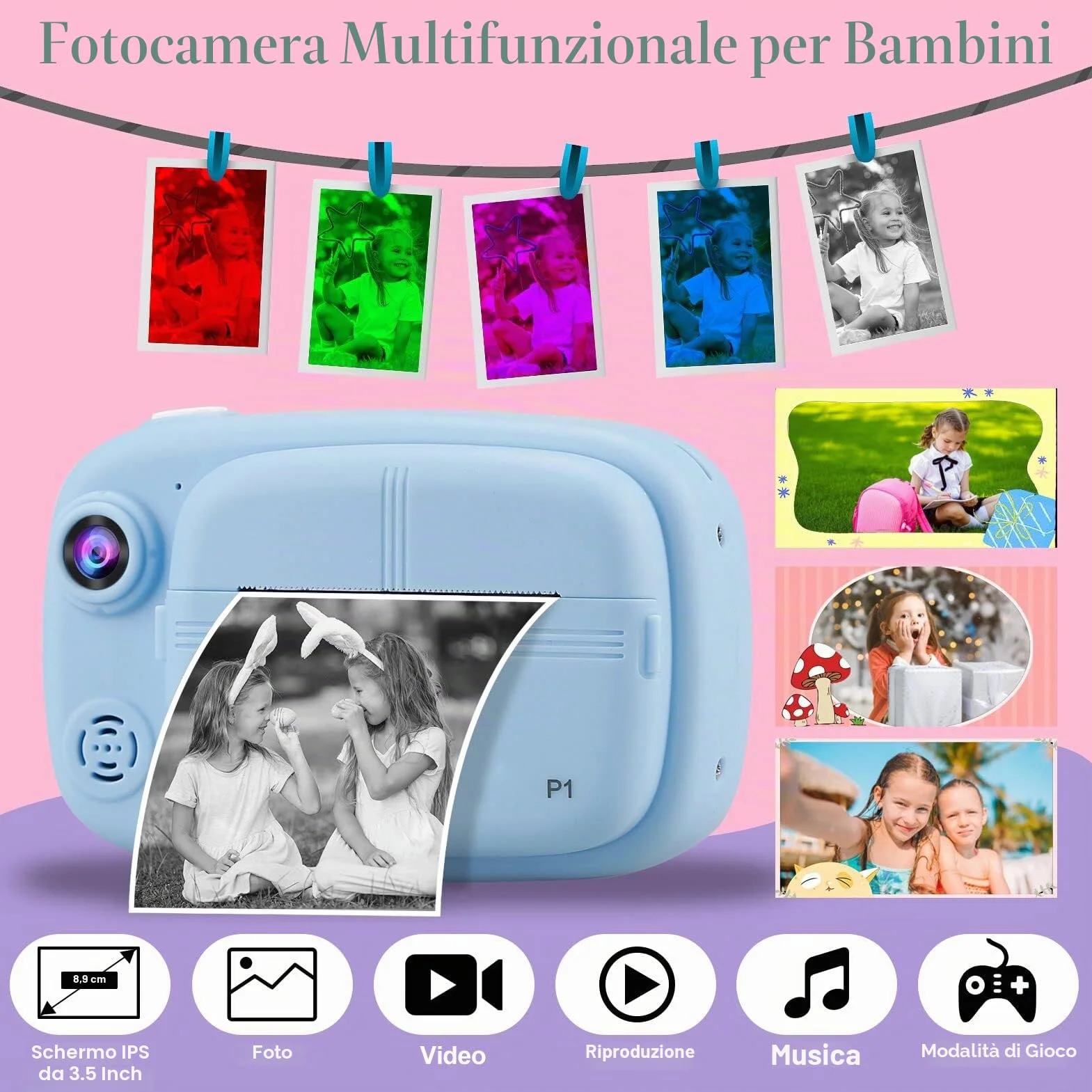 Fotocamera Istantanea per Bambini, 3.5 Pollici/1080P Digitale Macchina Fotografica Bambini con 32GB SD e 4 Rotolo di Carta, Fotocamere Istantanee Regalo per Ragazze Ragazzi dai 3-14 Anni (Blu)