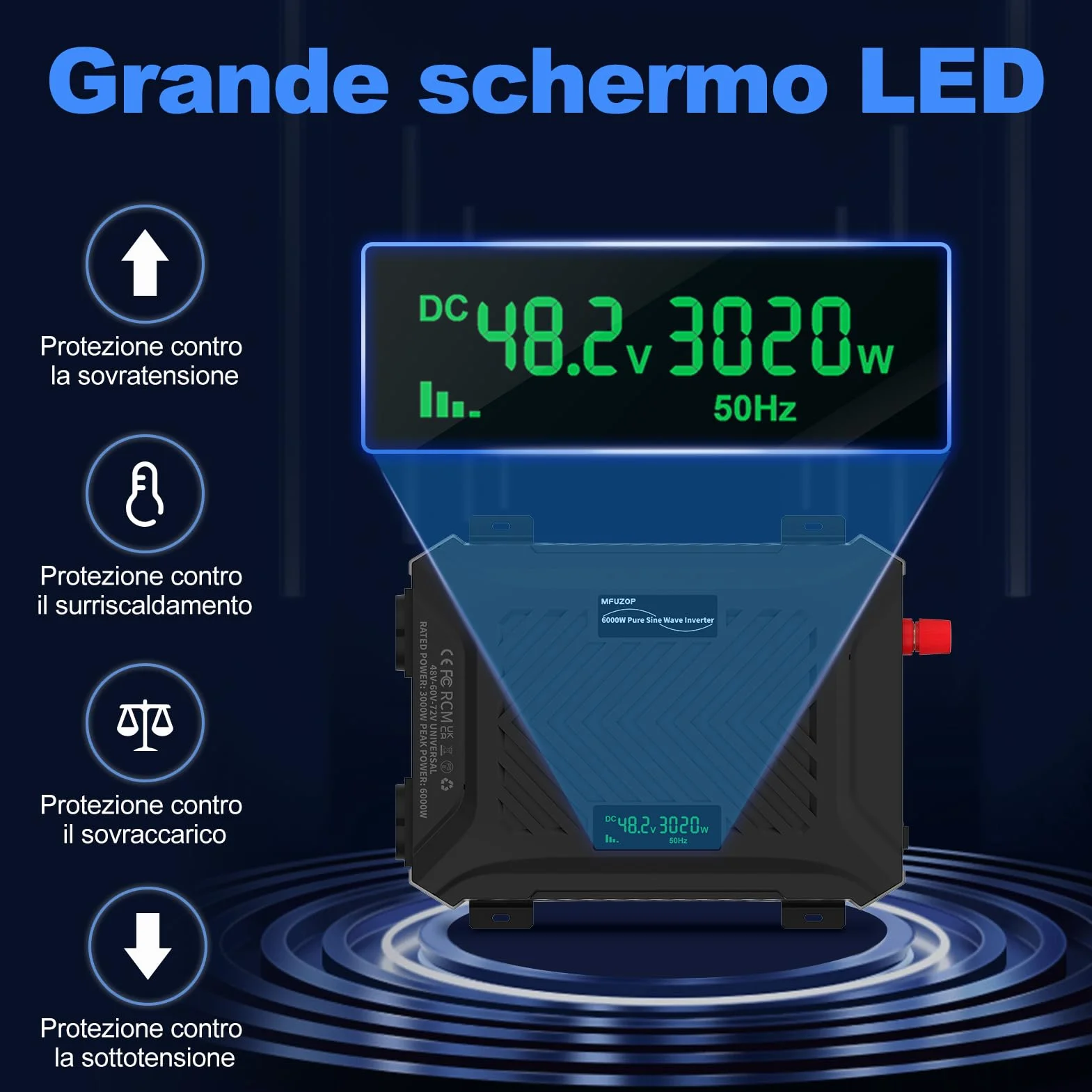 Power Inverter 48V/60V/72V a 230V Onda Pura 3000w/6000w, Convertitore di Tensione con Sistema di Rilevamento Intelligente, Ingresso Regolabile, Display LCD, 2 AC, 1 Type-C, 1 USB 5V 2.1A