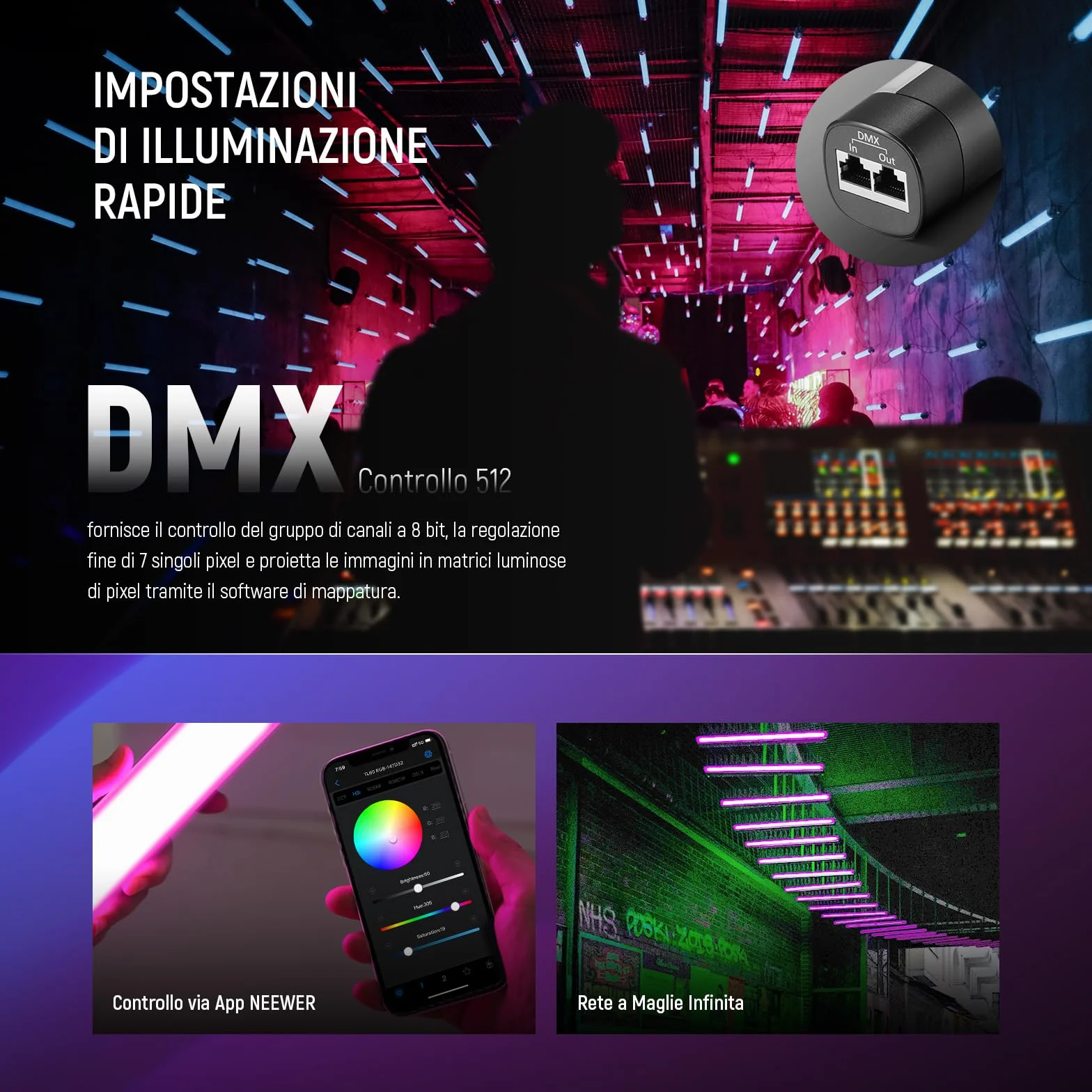 NEEWER TL60 Luce Tubo RGB, Barra Luminosa per Video a LED RGBWW a Colori Completi da 20W per Foto Studio Riprese Streaming, Controllo APP/2.4G/DMX, 7 Effetti Pixel 18 Scene, 2500-10000K CRI97+ TLCI98+