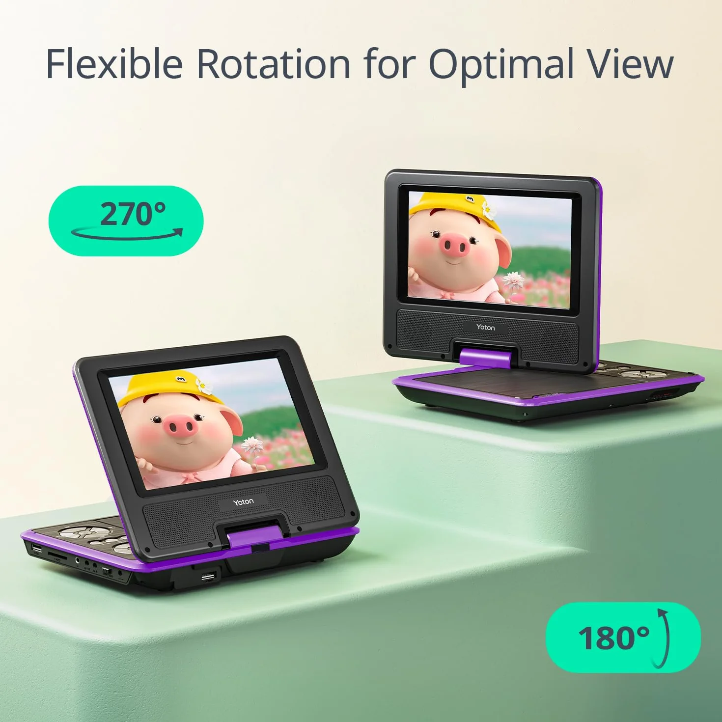 Yoton Lettore DVD portatile da 9,5 pollici per bambini e auto, schermo HD girevole da 7,5 pollici con 4-6 ore di batteria integrata, supporto schermo di sincronizzazione alla TV, supporto scheda