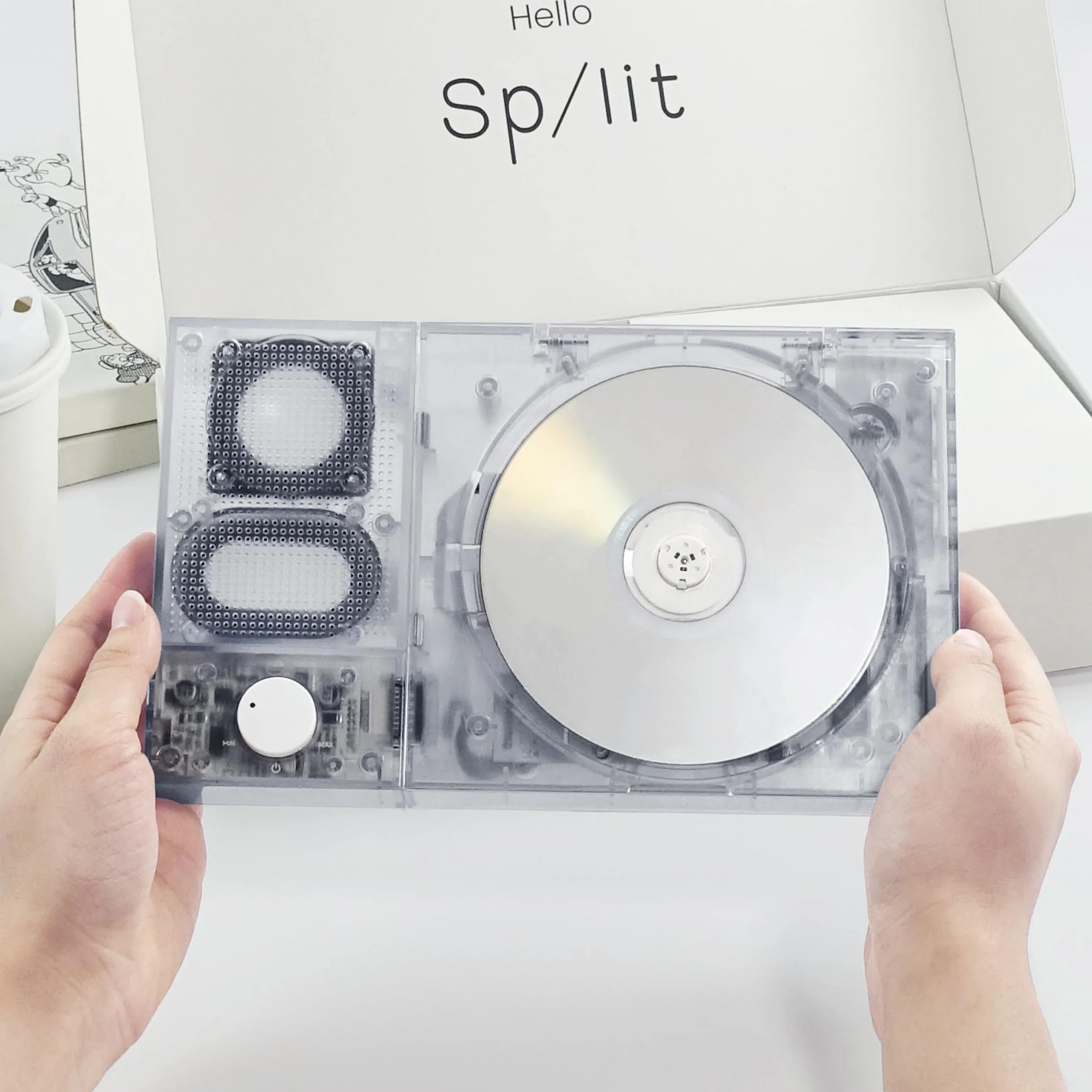 [Tinyl Split] Lettore CD 3 in 1 completamente nuovo e aggiornato, altoparlante Bluetooth rimovibile e lettore CD, portatile, ricaricabile, per la casa come regalo (bianco trasparente)