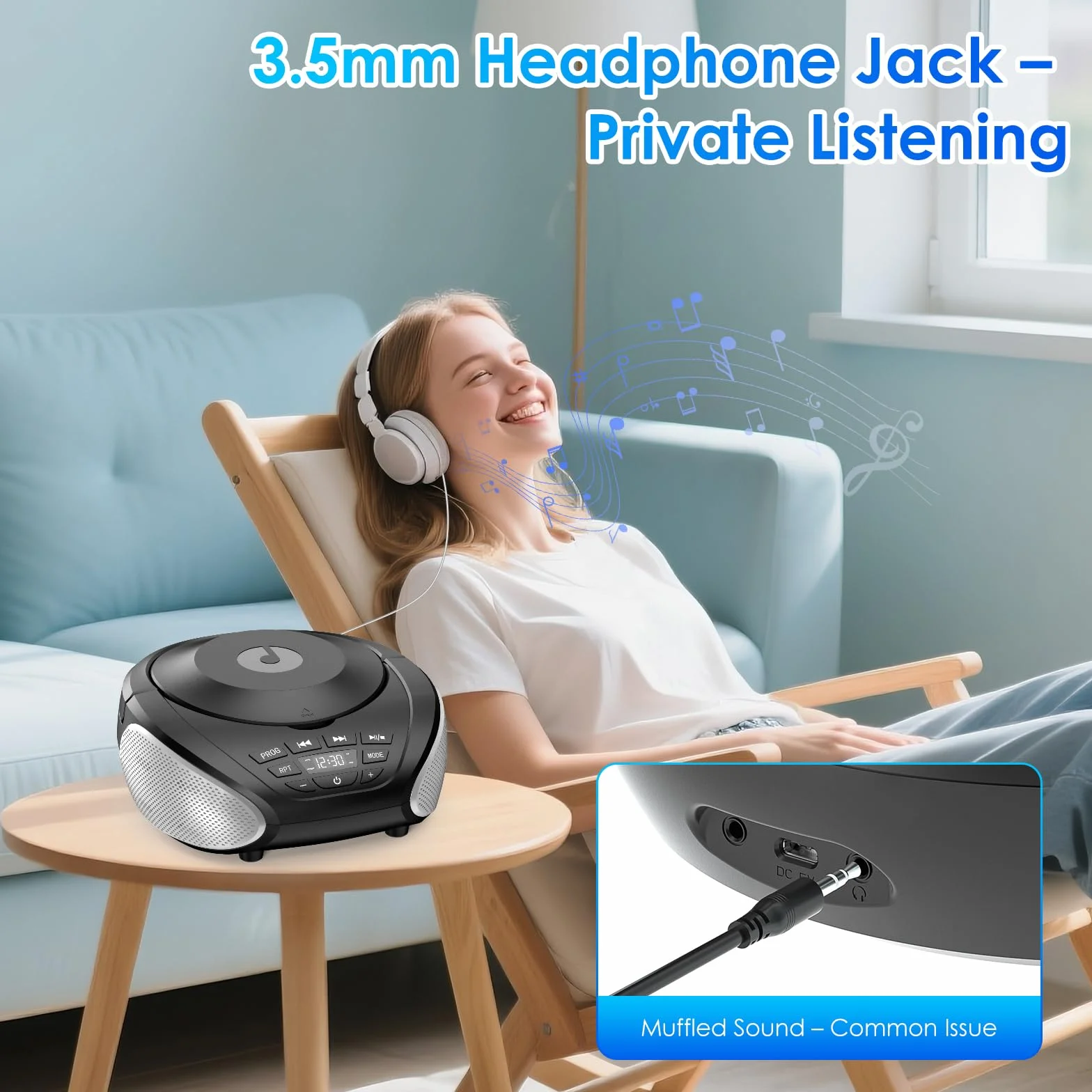 Gueray Lettore CD Portatile Boombox - Radio CD Compatto con Altoparlanti Stereo, Radio FM, Ingresso AUX 3.5 mm, Jack per Cuffie e Display LCD per Interni, Esterni, Viaggi & Audiolibri (Nero + Argento)