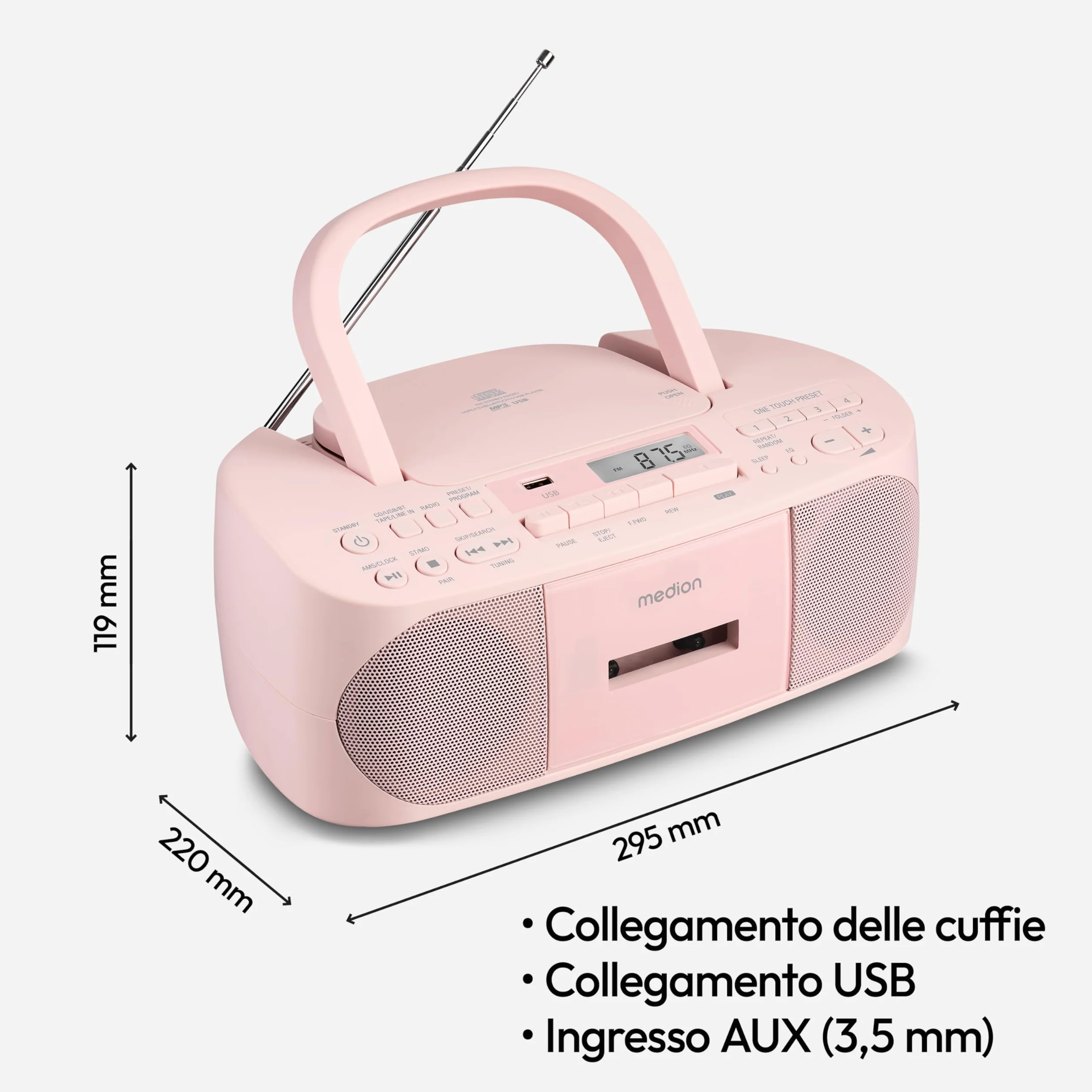 MEDION E65010 Radio Stereo (Lettore CD, Cassette, connessione USB, Ingresso Audio AUX, Riproduzione MP3. Radio FM PLL, Memoria 40 stazioni, Funzionamento a Batteria, Telecomando) Rosa