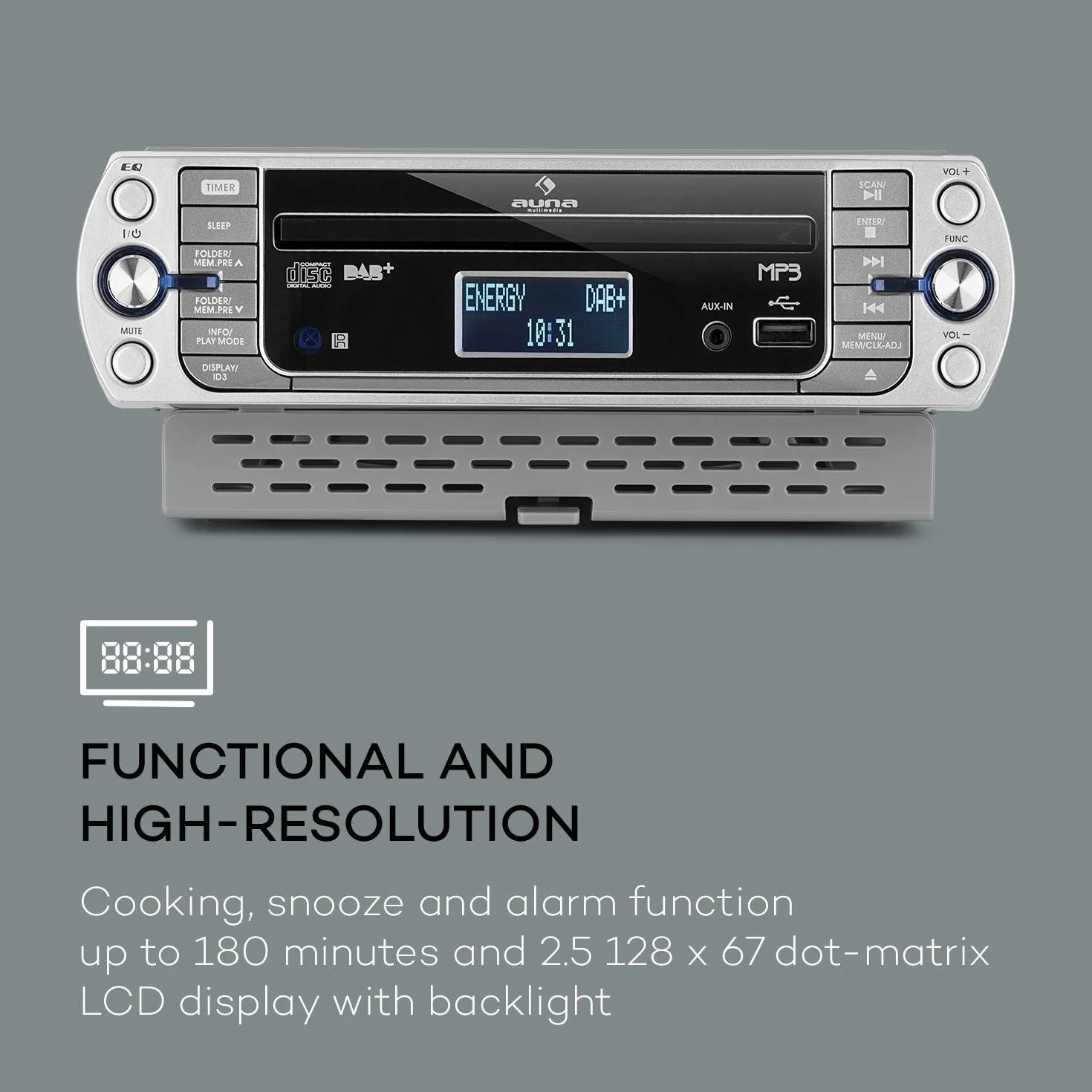 AUNA KR-400 CD - Radio da Cucina, Sottopensile, DAB+/PLL, FM, CD/MP3, Bluetooth, AUX, USB, 40 Stazioni Memorizzabili, Sveglia, Telecomando, Argento