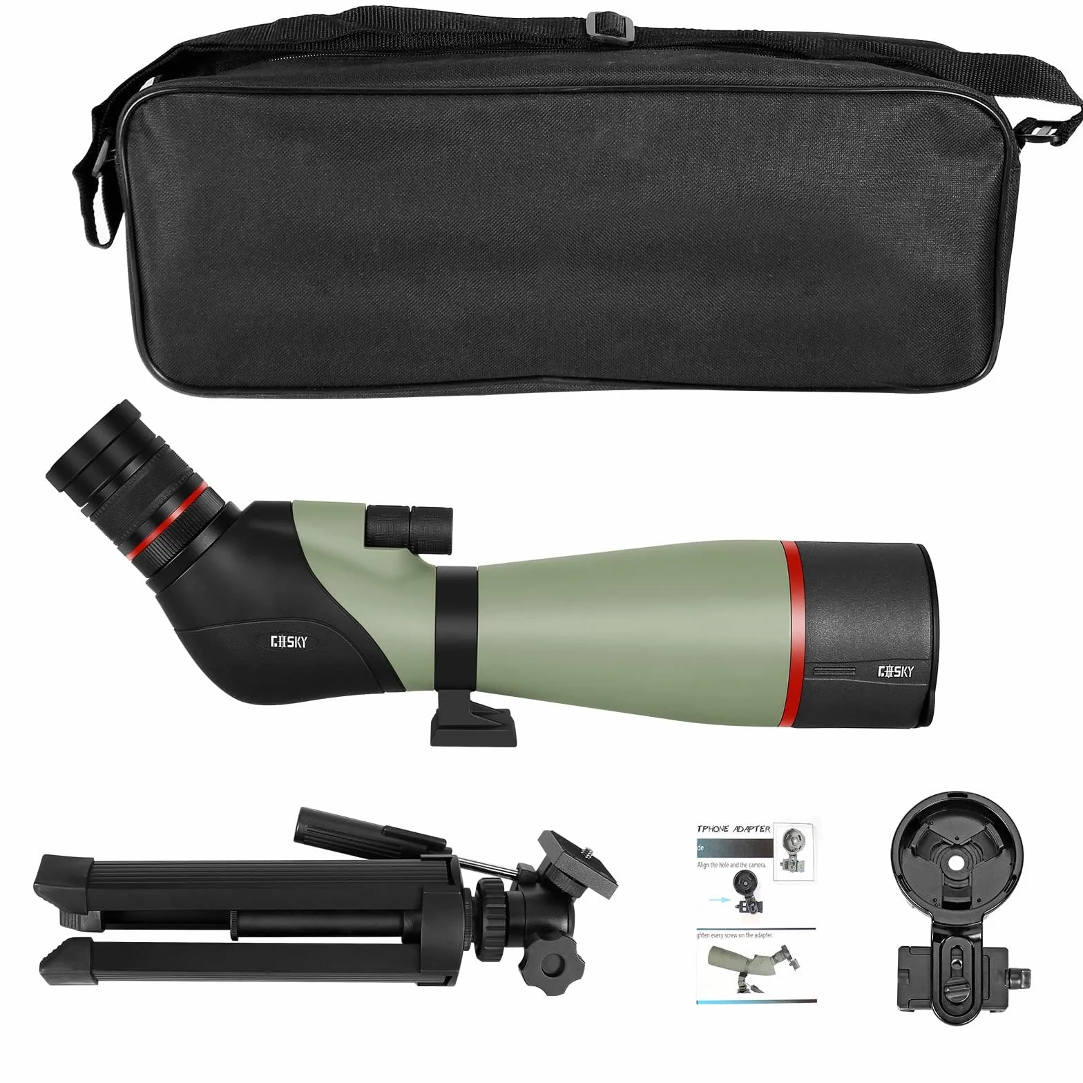 Gosky Cannocchiale 20-60x 80 - BAK4 Mirino angolato per tiro al bersaglio Caccia Uccelli Osservazione degli animali selvatici con smartphone Adatper e adattatore