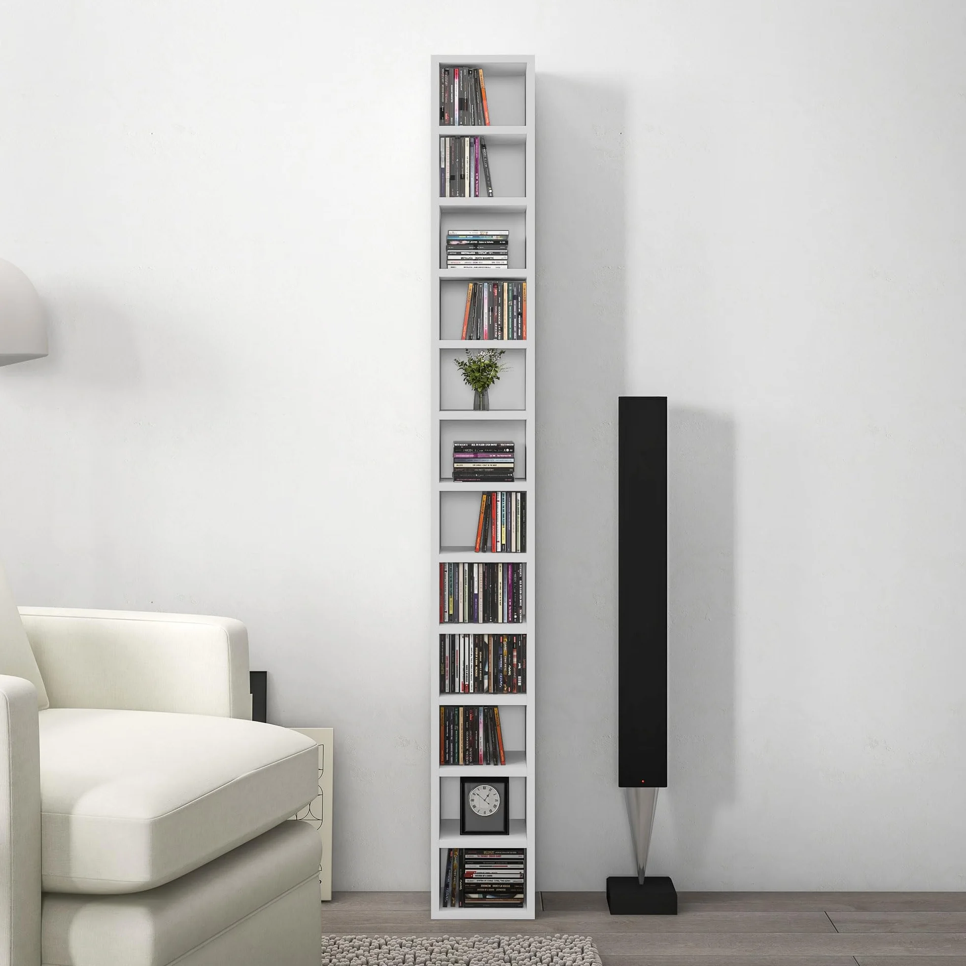 HOMCOM Contenitori per CD e DVD, ripiano a colonna, contenitore con 12 scomparti, capacità massima 204 CD, 21 x 20 x 175 cm, bianco