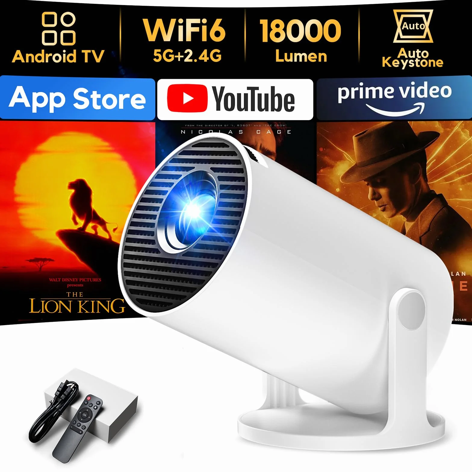 AKIYO O2 Proiettore Portatile 18000 Lumens 4K 1080P Auto Keystone WiFi 6 BT5.4 Rotabile 180° Dual Control HDMI