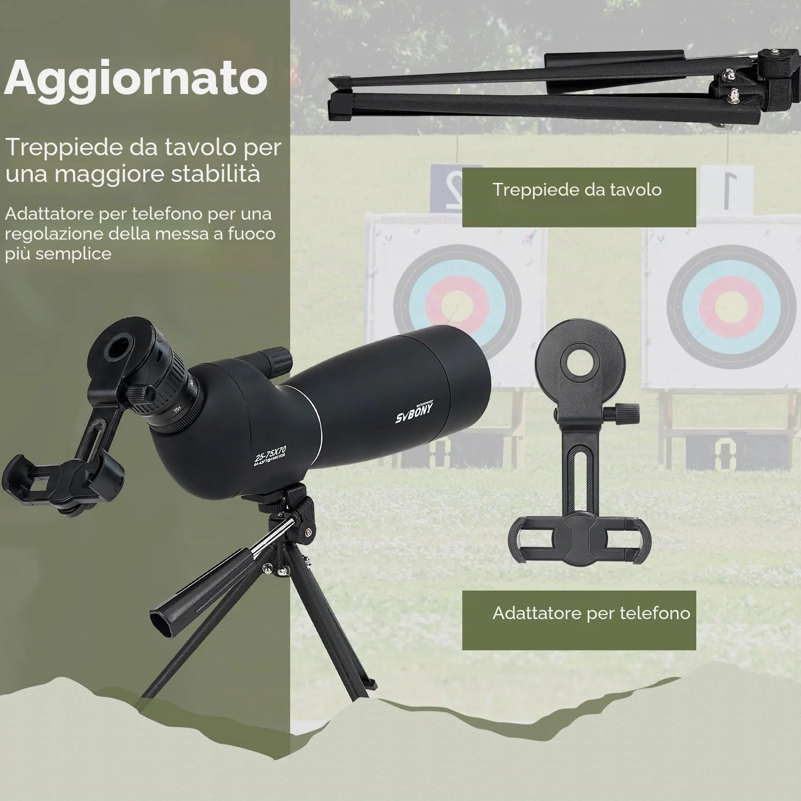 Svbony SV28PLUS Cannocchiale con Treppiedi Smartphone Adapter, 25-75x70mm con A5 Rosso Bordeaux FMC BAK4 IP65, Telescopi Spotting Scope per Adulti tiro a segno Tiro con l'arco Birdwatching