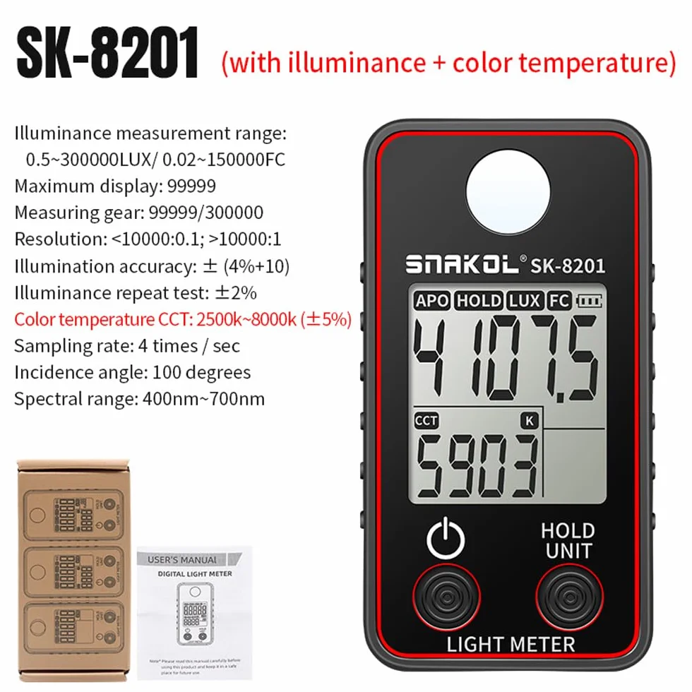 Jemora Tester della temperatura del Misuratore di illuminamento ad alta precisione 0,5-300000LUX Misuratore di illuminazione a LED Misuratore di luminanza fotografica
