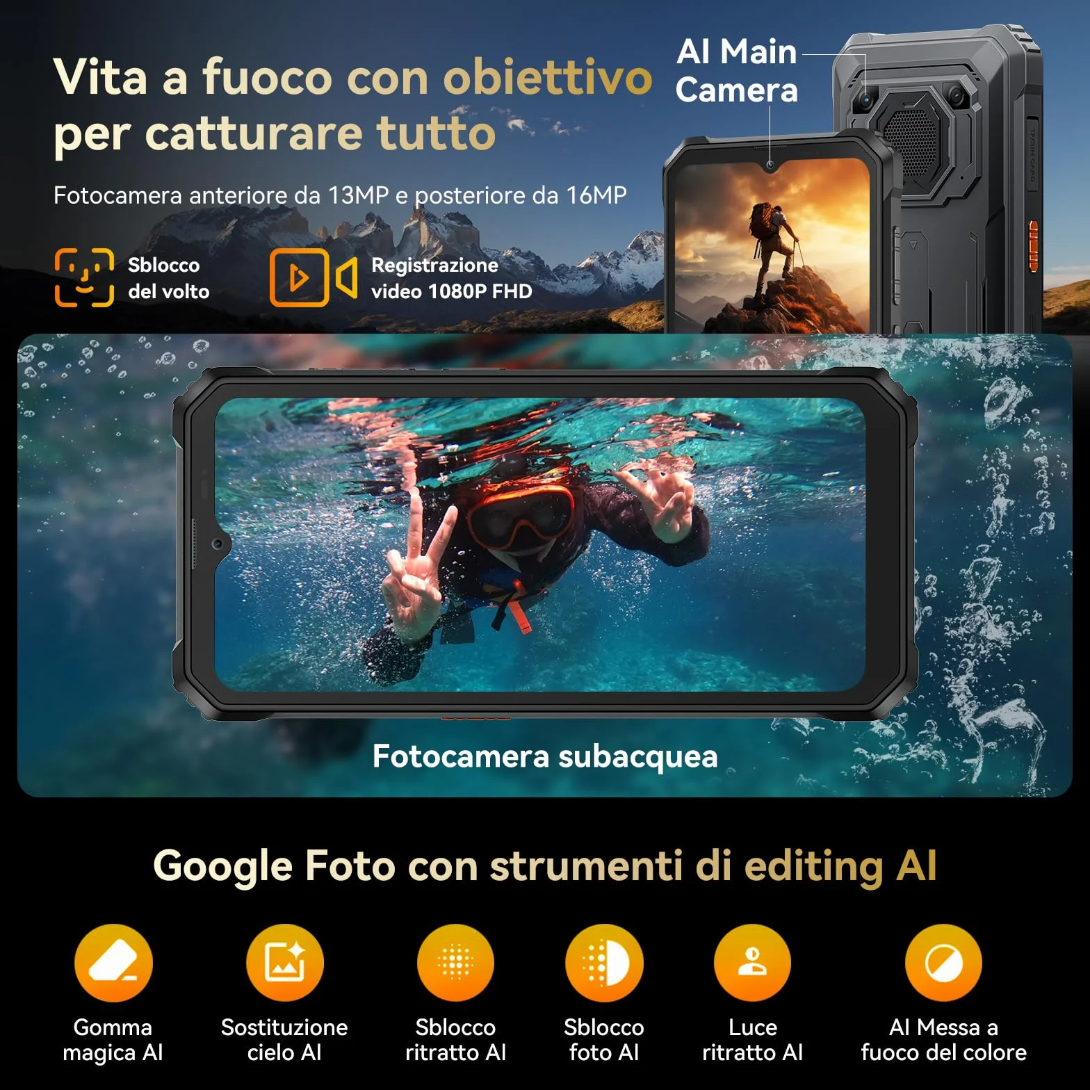 Blackview BV6200 Plus Rugged Smartphone 2026, Batteria 11000mAh Telefono Indistruttibile 24GB+128GB/2TB TF, 6.56" HD+, 98dB Altoparlante, Fotocamera AI 16MP+13MP, Fingerprint/NFC/GPS/3 Anni Garanzia
