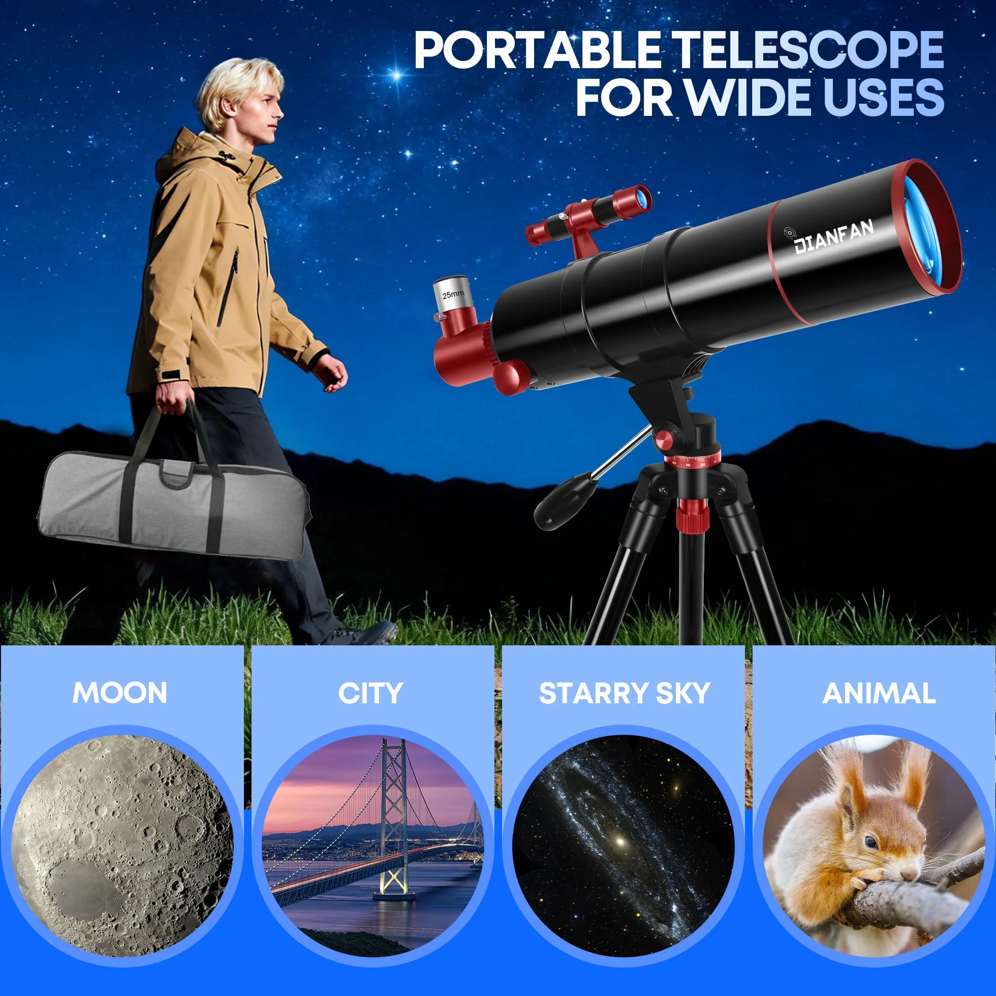 Dianfan Telescopio 90/550 Astronomico Professionale per Adulti, Telescopio Rifrattore Portatile per Principianti con Treppiede, Adattatore Smartphone, Borsa e Sgabello Pieghevole