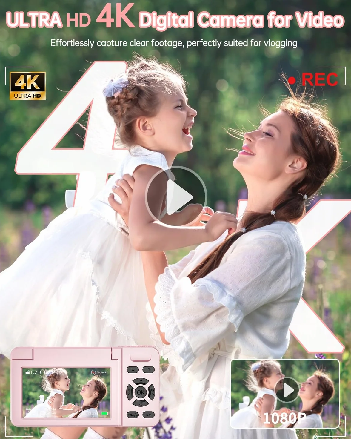 Fotocamera Digitale 4K Videocamera con Schermo 3" Rotante 180° per Vlog, Ponovo Macchina Fotografica Compatta 64MP Autofocus con Zoom Digitale 18X, 2000mAh Fotocamera Portatile 32GB per Studenti Festa