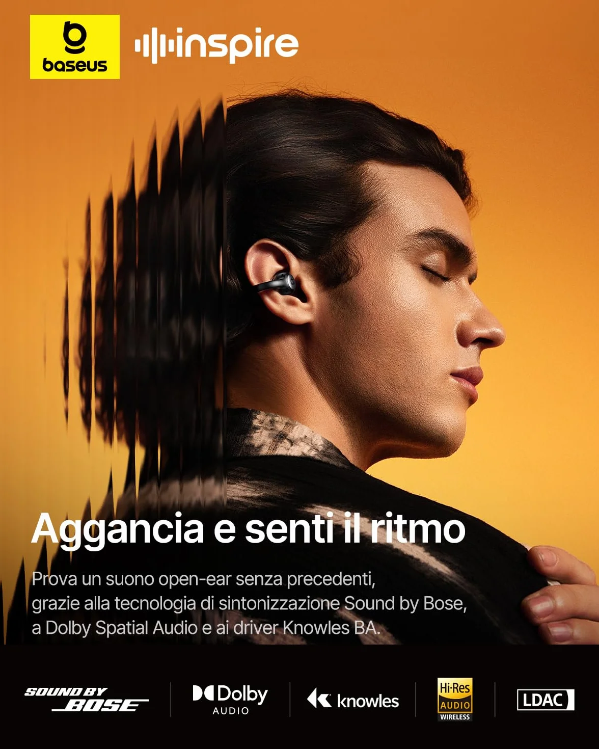 Baseus Inspire XC1 Cuffie Open-Ear, Sound by Bose, Cuffie Bluetooth Cloud Comfort, con Dolby Audio | Hi-Res | Driver Ibrido a 2 Vie | Tweeter Knowles BA, Autonomia 40 h, IP66, AI-Clear Calls