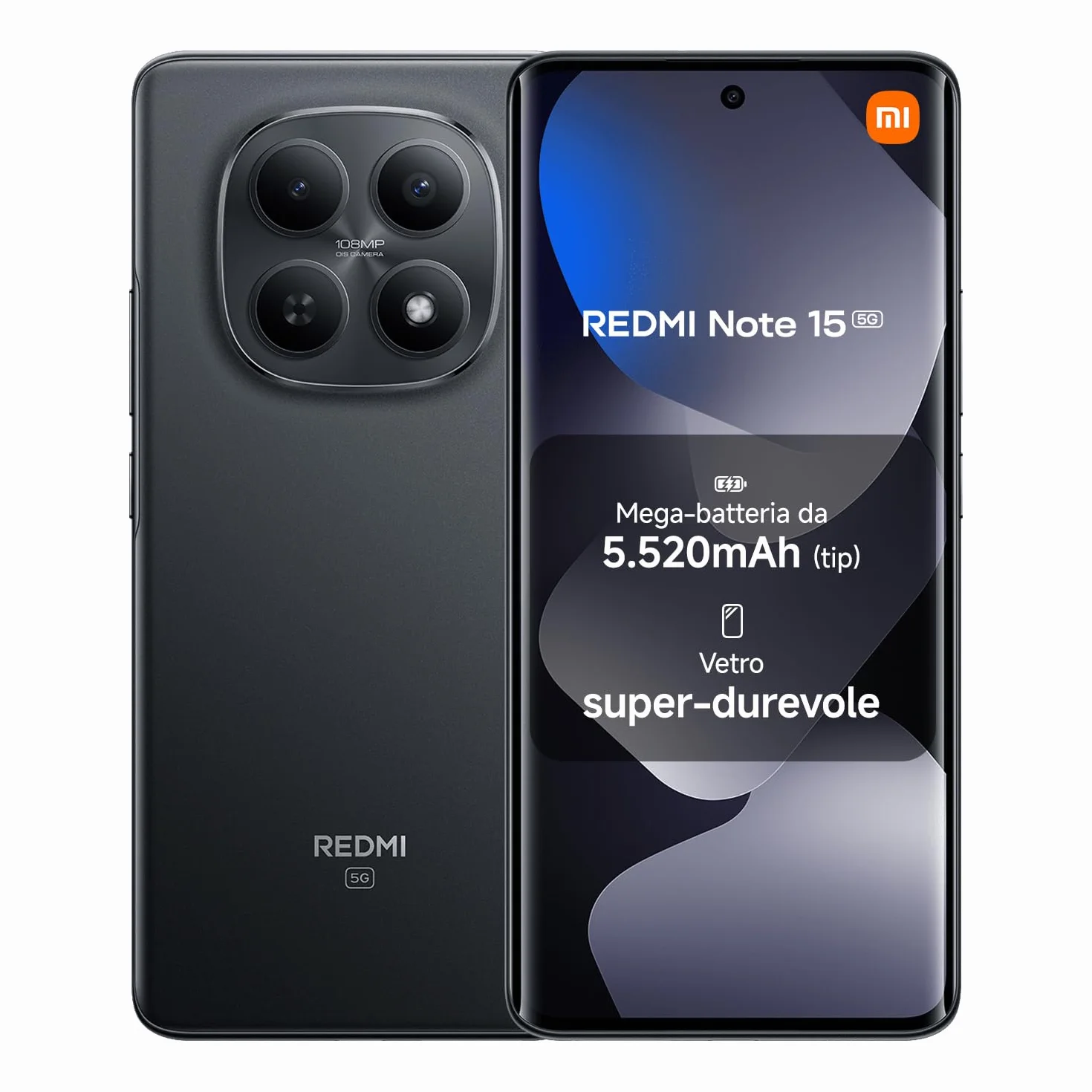 XIAOMI Redmi Note 15 5G, Smartphone 8+256GB, Design ultrasottile, Resistenza IP65, Fotocamera super nitida da 108 MP, Display FHD+ da 6,77", Nero, Garanzia 2 anni, Caricatore non incluso