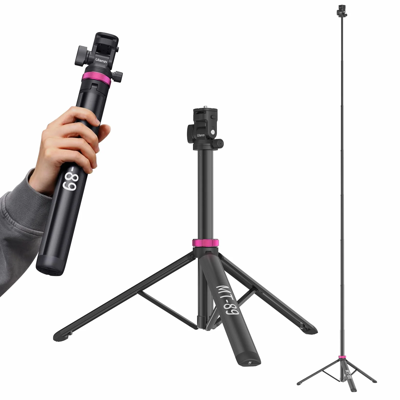ULANZI MT-89 stativo fotografico compatto da 208,3 cm con vite da 1/4" a sgancio rapido, capacità di carico 1kg, treppiede estensibile regolabile in alluminio, con testa a sfera a 360°
