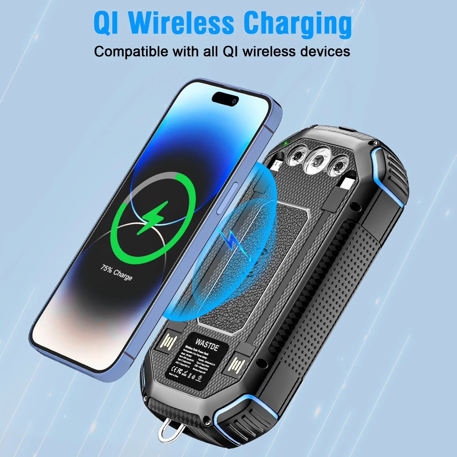Power Bank Wireless Solar 26800mAh con 3 Cavi, Solar Powerbank USB-C 15W Ricarica Rapida 4 Uscite 3 Ingressi per Telefono Cellulare Caricatore Solare Esterno Batteria con Torcia