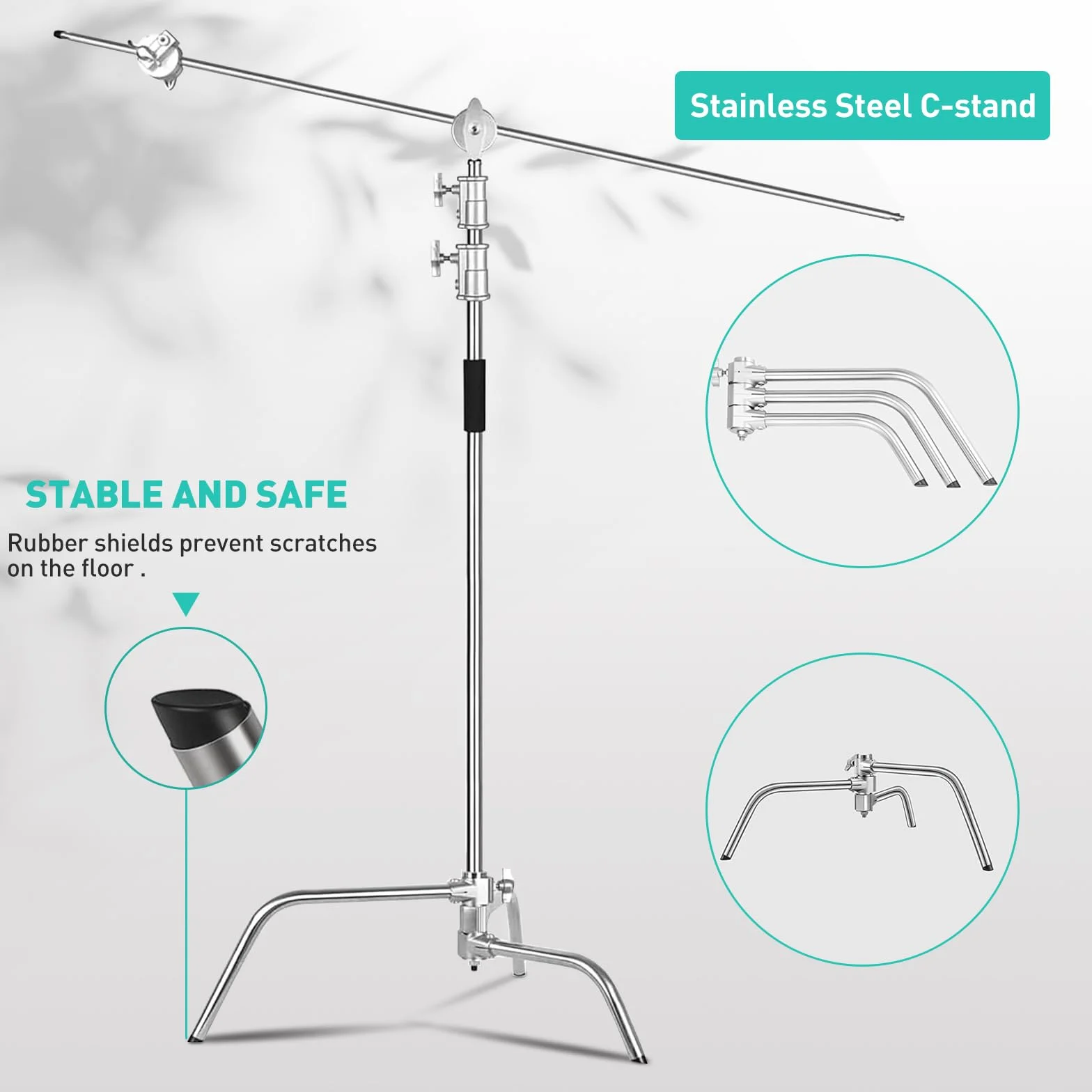 C Stand 100% Acciaio Inossidabile per Carichi Pesanti con Braccio a Braccio,Altezza Max 330cm Supporto C Regolabile Supporto per Lampada con Braccio di Sostegno da 127cm,2 Teste con Maniglia