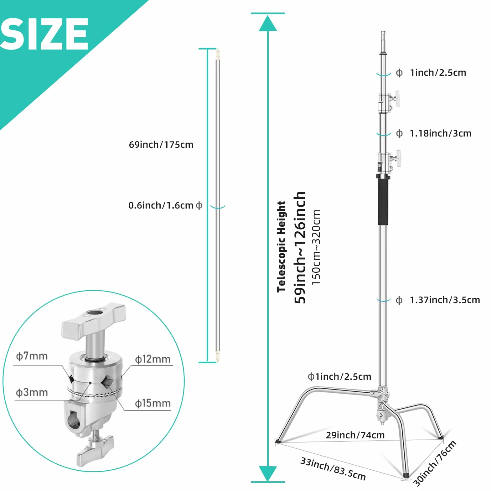 C Stand 100% Acciaio Inossidabile per Carichi Pesanti con Braccio a Braccio,Altezza Max 330cm Supporto C Regolabile Supporto per Lampada con Braccio di Sostegno da 127cm,2 Teste con Maniglia