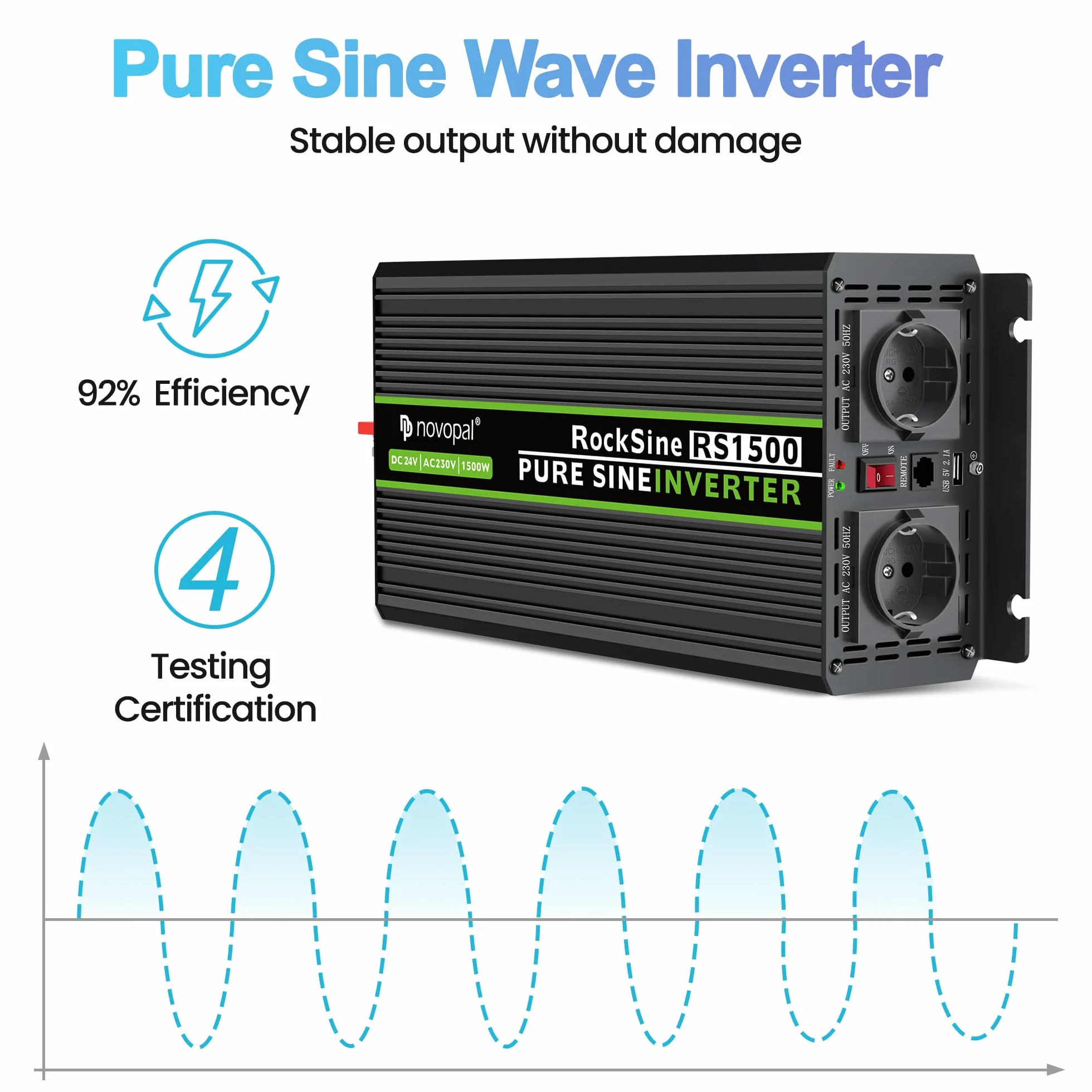 Novopal 1500W 3000W Inverter Onda Sinusoidale di Potenza,DC 12V in AC 220V Inverter di Tensione,2 EU Presa con Uscita USB,5 Metri di Telecomando,Adatto per Famiglia, Campeggio, Viaggi