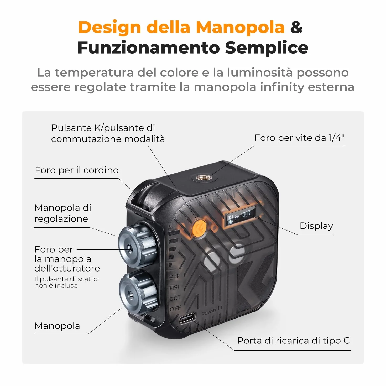 K&F CONCEPT Luce video RGB, Luce Fotografica Portatile a Colori a 360°, 21 Effetti Luminosi, 2500K-9900K CRI 96+, per Vlogging, selfie, Fotografia di oggetti, Nero