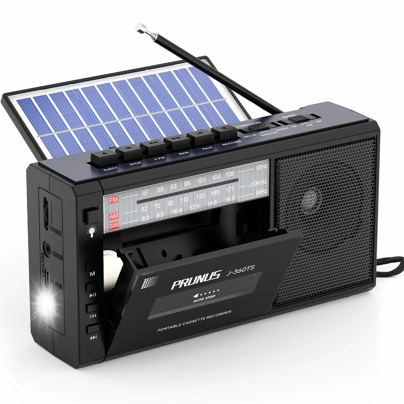 PRUNUS J-360 Radio Cassette AM/FM/SW Portatile con Bluetooth, Solare/Batteria Ricaricabile, Torcia, USB, TF Card